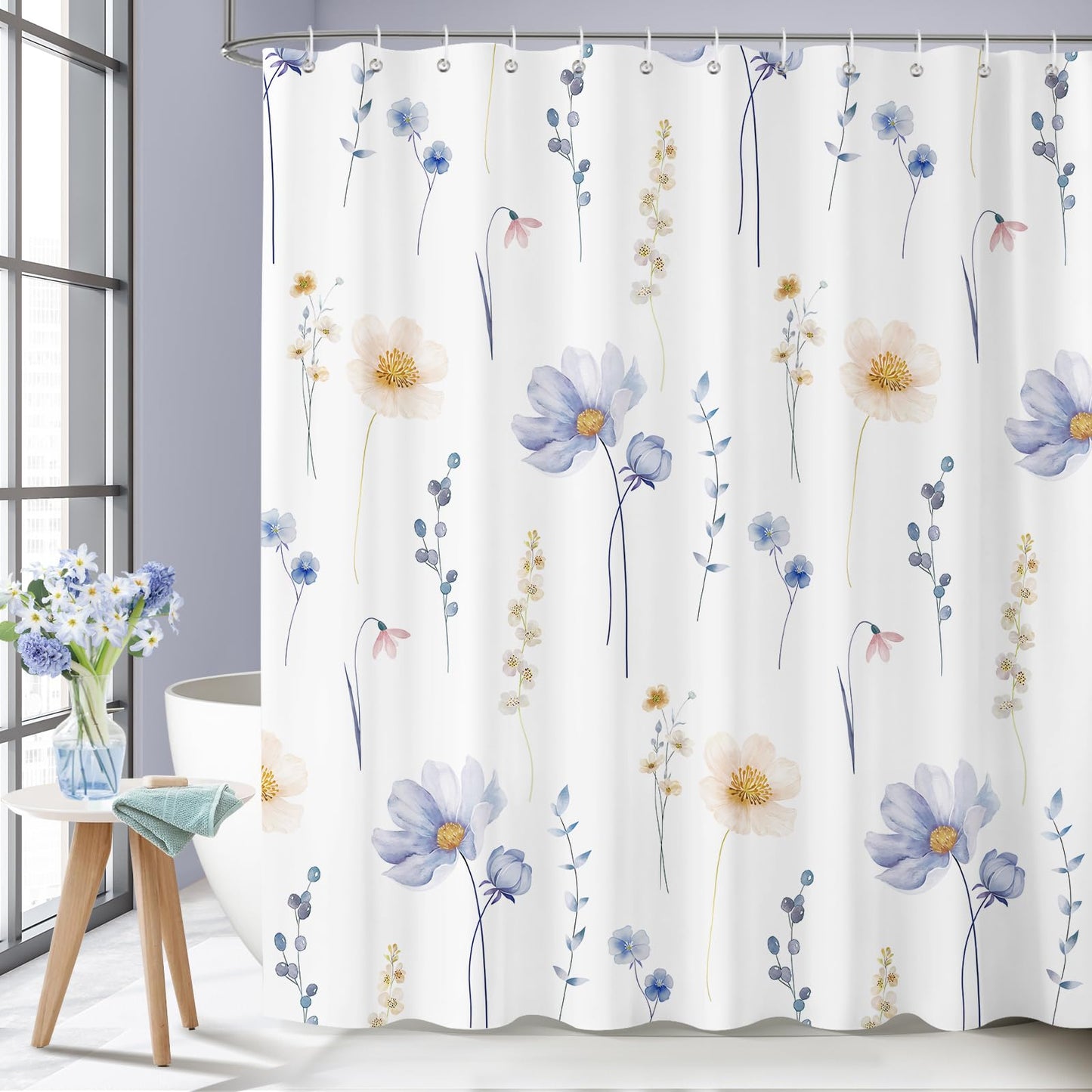 Dazzlewall Watercolour Floral Shower Curtain 180 x 180 cm, Blue Orange Ink Flowers Leaves Shower Curtain for Bathroom, Waterproof Mould Resistant