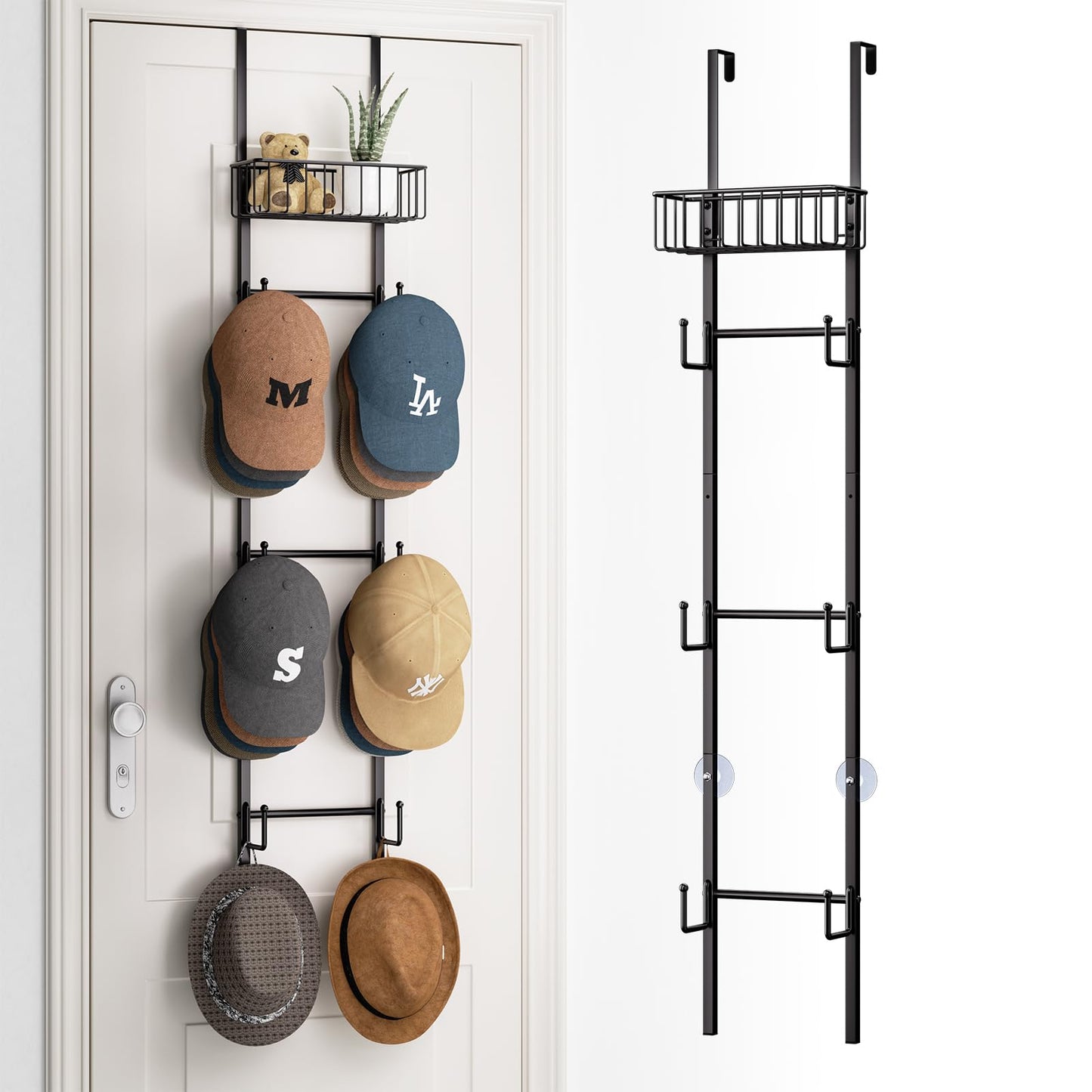 HapiRm Over Door Hat Rack- 3 Tier Wall Mounted Baseball Cap Storage with 6 Hooks and Metal Basket Design, Hat Organiser Holder Up to 32 Caps for Door,