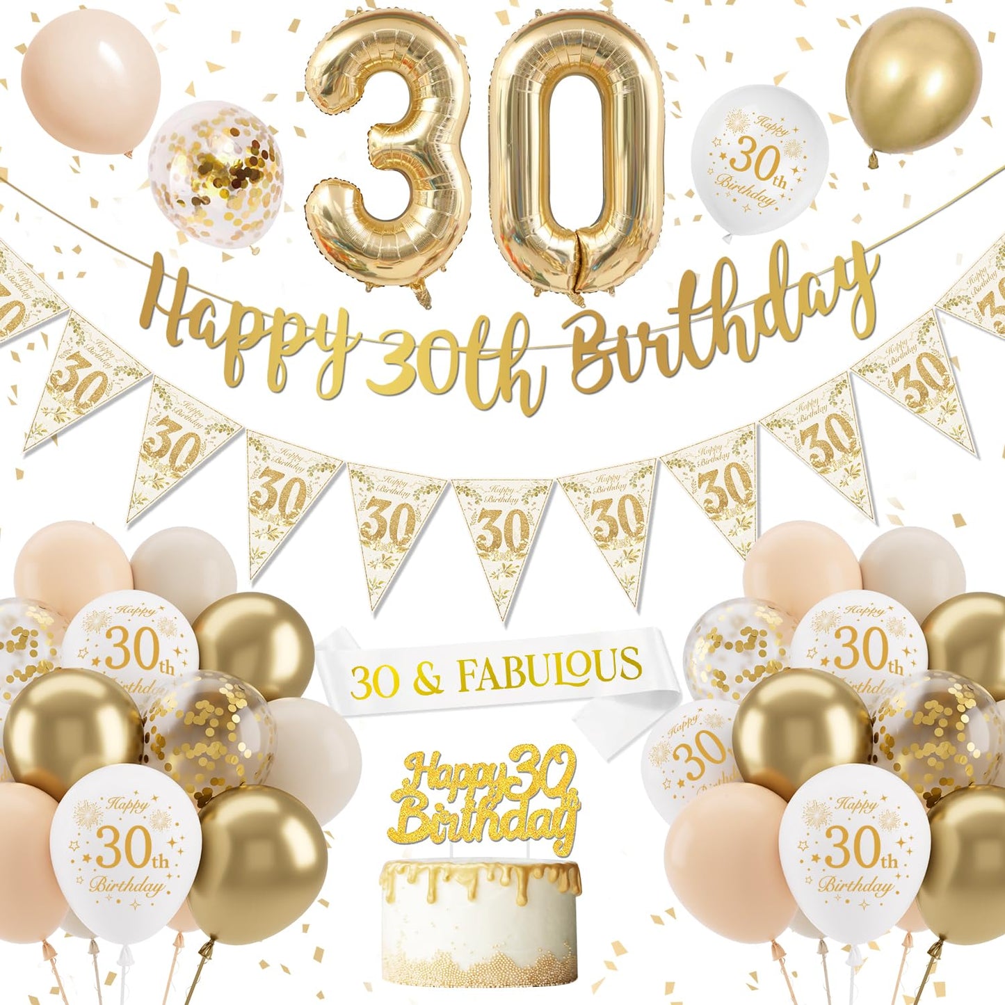 30th Birthday Decorations Set, Sand White & Gold, 26 Pieces, Balloons, Banners, Cake Topper, Sash, Foil & Confetti, Adults, Women, Unisex, Birthday