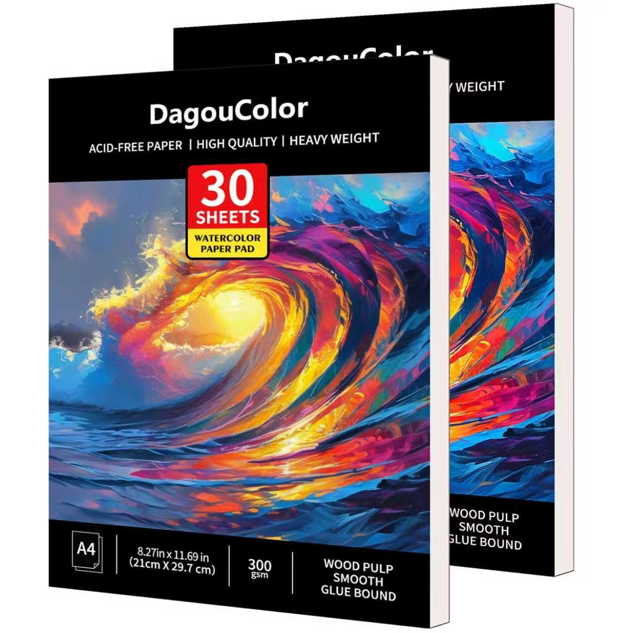 DagouColor Watercolor Paper Pad, A4, 2 Pack, 30 Sheets Each, 140lb/300gsm Cold-Pressed Paper, Artist Book for Adults Kids, Painting, Drawing, Mixed