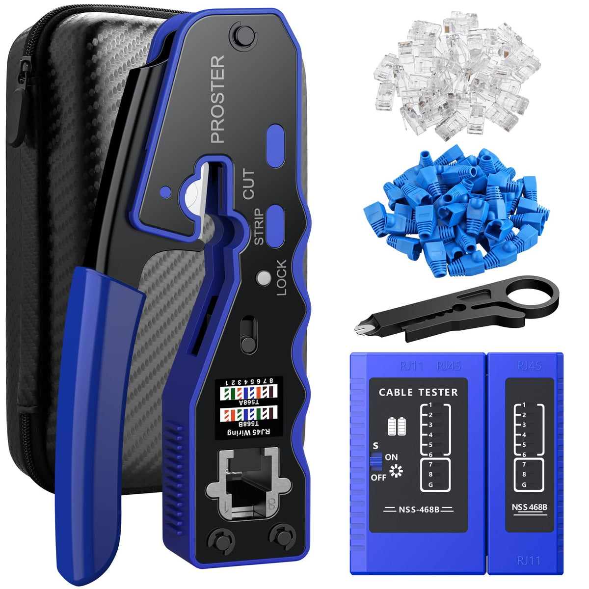 Proster RJ45 Crimp Tool Kit - 3 in 1 Pass Through RJ45 Crimper Ethernet Crimping Tool for RJ45 Cat5/5e Cat6/6a with Cable Tester Stripper 50PCS Cat6