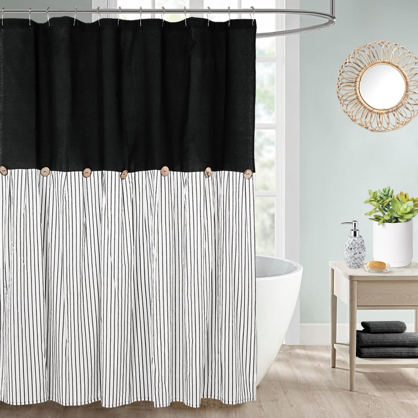 DOSLY ID?ES Farmhouse Shower Curtain with Black, Linen Cotton, Decorative Buttons, Black Stripes, Pleated, 180 x 200 cm