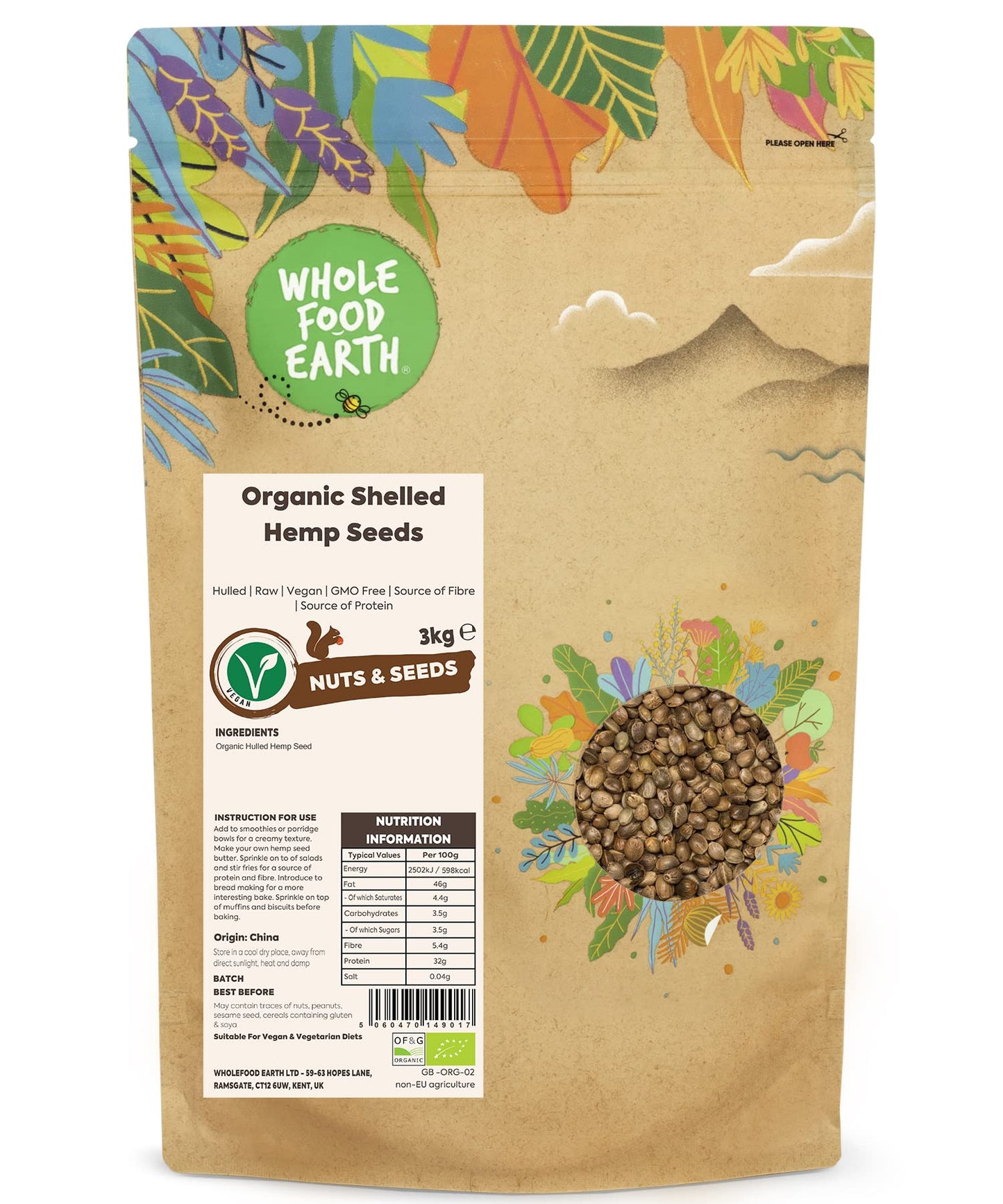 Wholefood Earth Organic Hemp Seed ? 3kg | GMO Free | Vegan | High Fibre | Source of Protein | Certified Organic