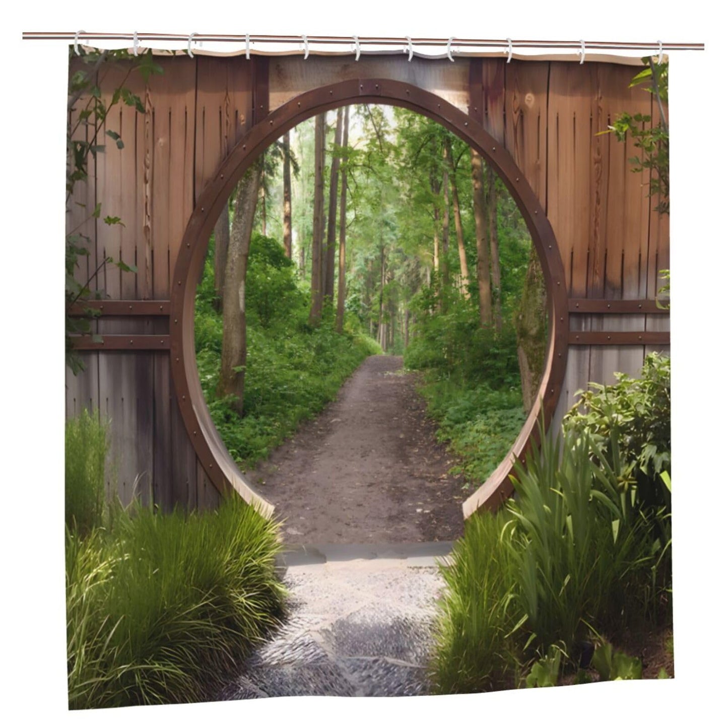 Japanese Garden Shower Curtain, Authentic Circle Rustic Doorway, Gate Opening to forest Bath Curtain, Outdoor Waterproof Farmhouse Shower Curtains for