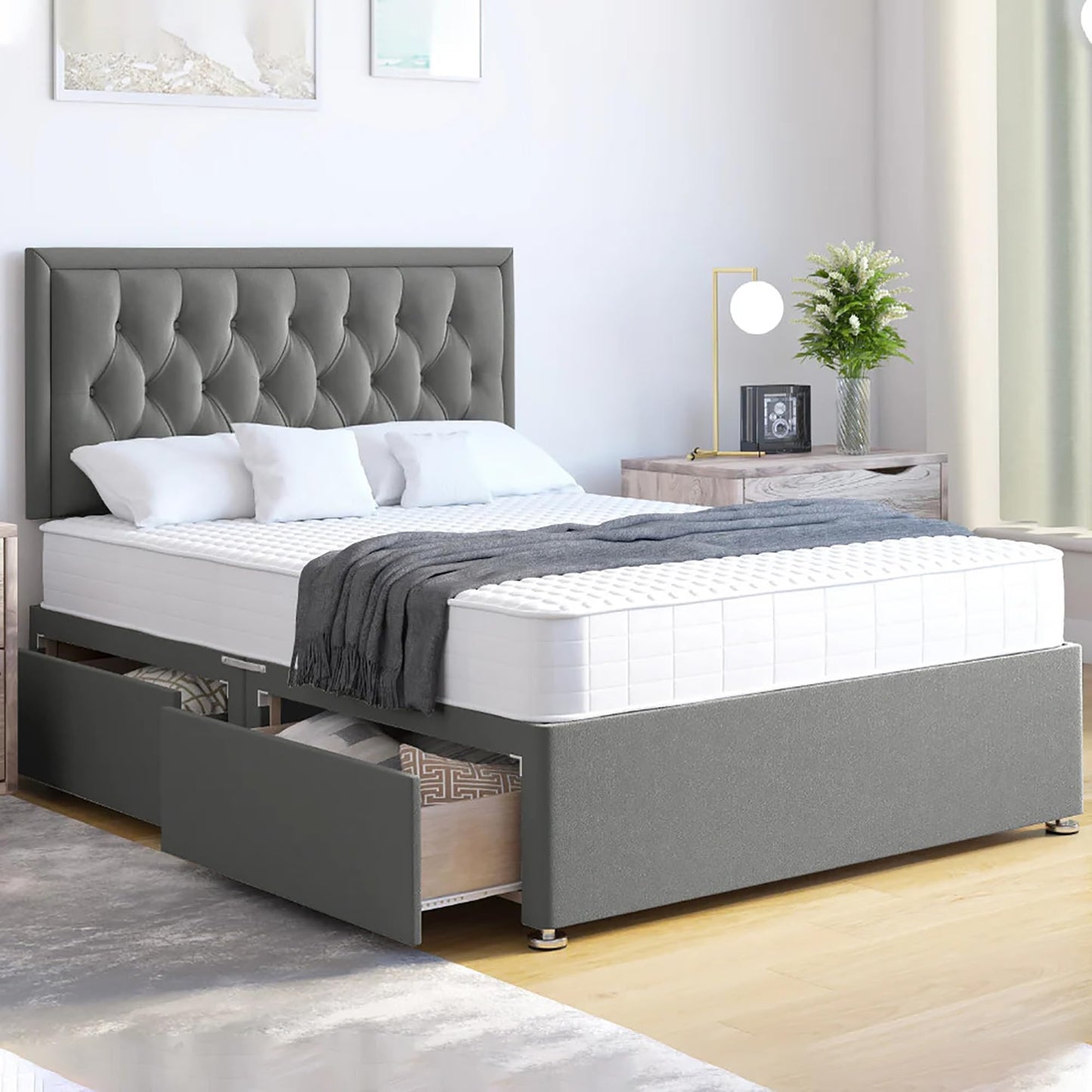 ComfoRest - 3FT Single Grey Bed Frame with Mattress & 24? Headboard | Divan Base with 2 Drawers | Stylish Design for Modern Bedrooms