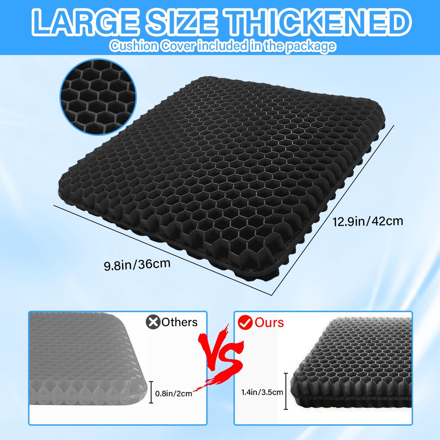 Audasi Gel Seat Cushion, Honeycomb Thick Gel Seat Pad for Bottoms Soft Sitter Cushion Relieving Back Coccyx Pressure Seat Cushions for Car Office