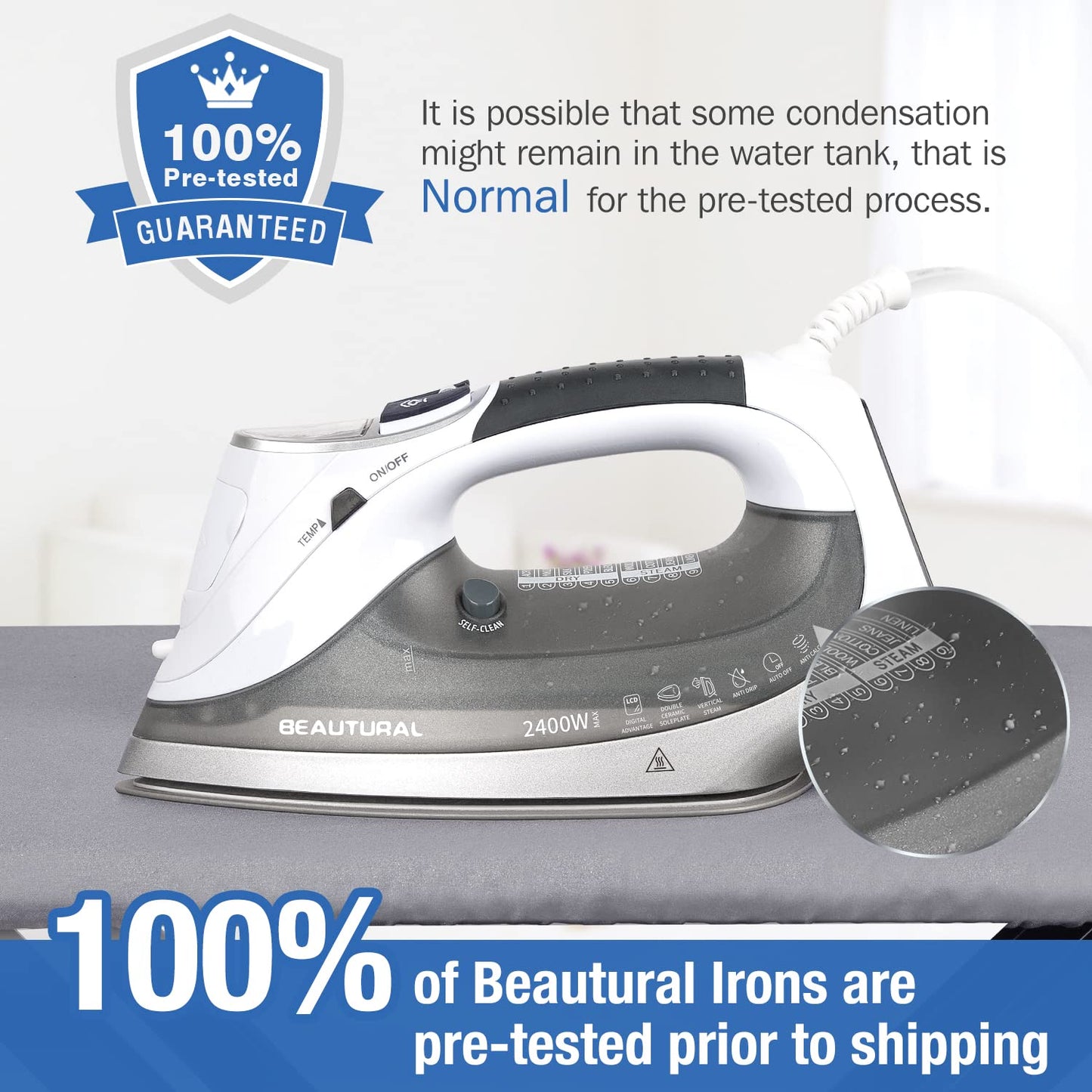 BEAUTURAL 2400 W Steam Iron with LCD Display, Variable Temperature and Double Ceramic Coated Soleplate, 8 ft Power Cord and 340ML Tank-White/Grey