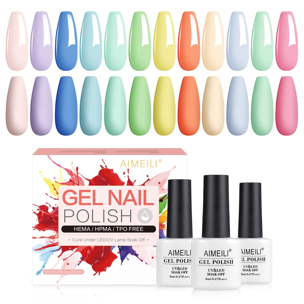 AIMEILI Easter Pastel Gel Nail Polish Set, 8ml 12 Colours Spring Summer Pink Yellow Blue Purple Soak Off UV LED Gel Nail Polishes Nail Art Gel Polish