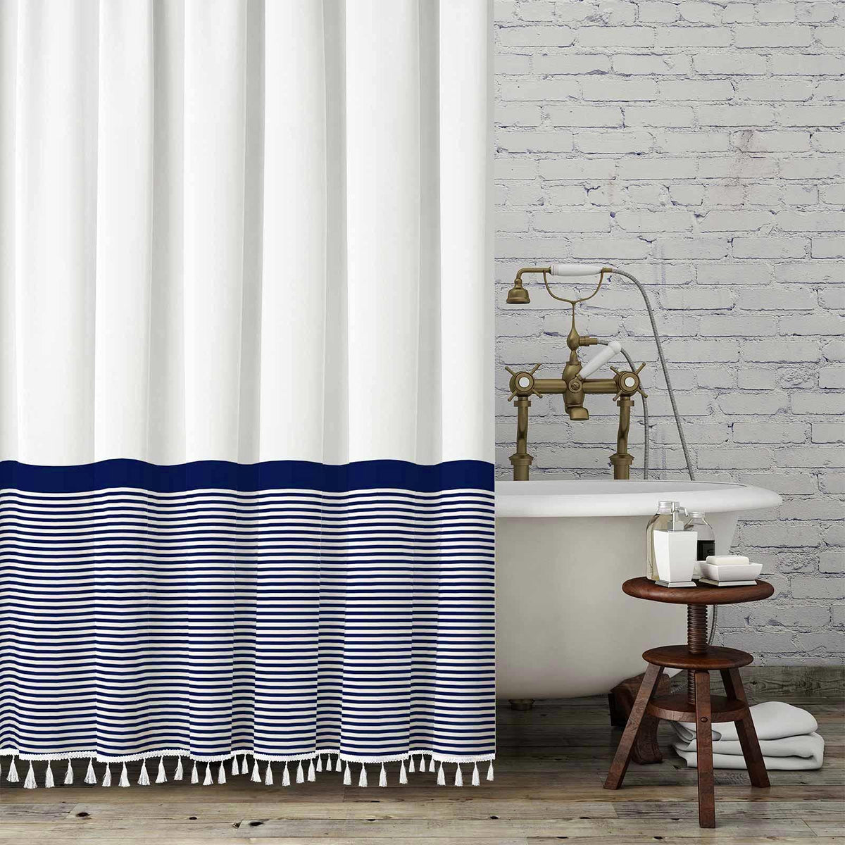 Seasonwood Extra Long Shower Curtains White and Blue Striped Shower Curtain with Tassel, 96 inch Waterproof Bathroom Curtains with 12 Hooks,Washable
