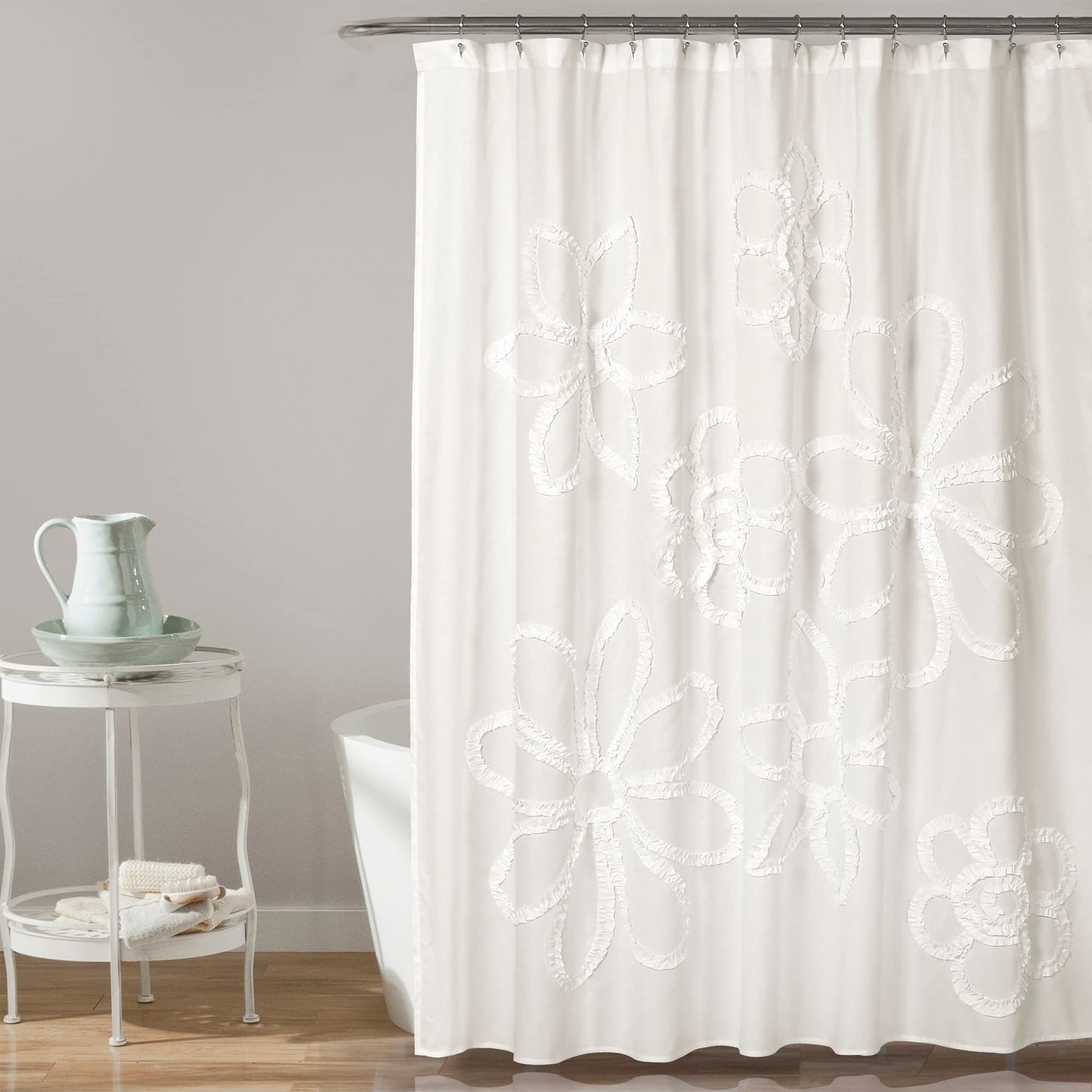Lush Decor Ruffle Flower Shower Curtain | Floral Textured Shabby Chic Farmhouse Style Design, x 72?, White, 72 Inches