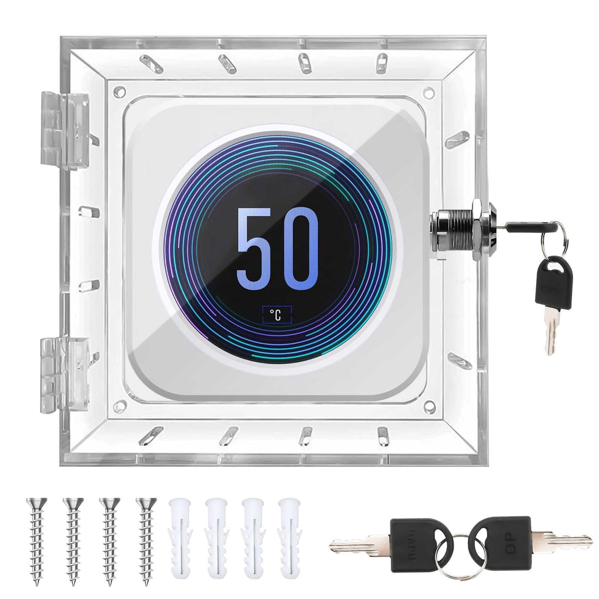 Thermostat Lock Box with 2 Keys, Clear Acrylic Wall Mounted Thermostat Guard, Tamper Proof Protective Cover with Screws & Bolts, Prevents Unauthorised