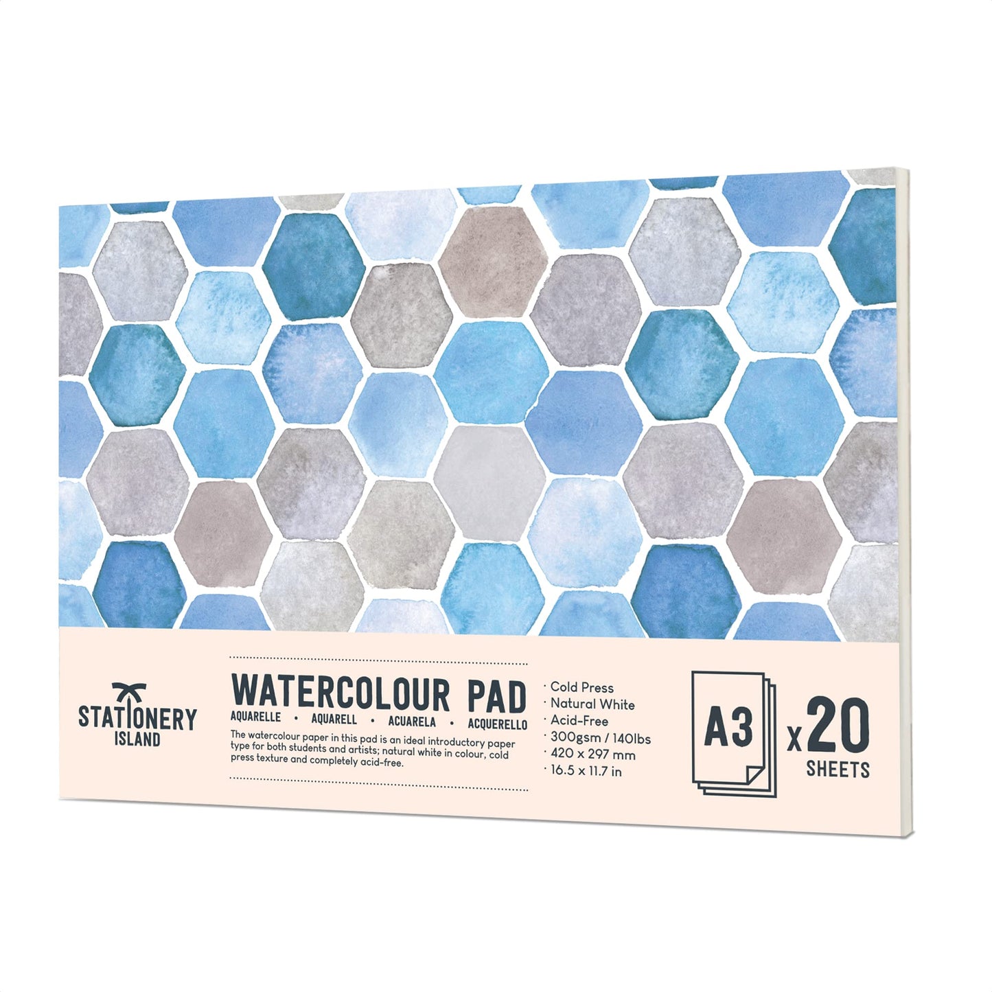 STATIONERY ISLAND Watercolour Paper A3 Pad 300gsm - Natural White 20 Sheets Glue Bound, Cold-Pressed Texture, Watercolour Sketchbook for Painting,
