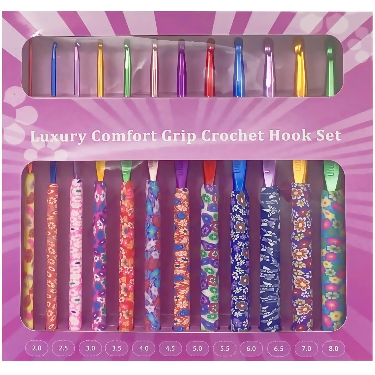 igadgitz home U7306 12-Piece Luxury Comfort Grip Patterned Crochet Hook Set (2-8mm), Cushioned, Comfort Grip, Ergonomic - Floret Pattern