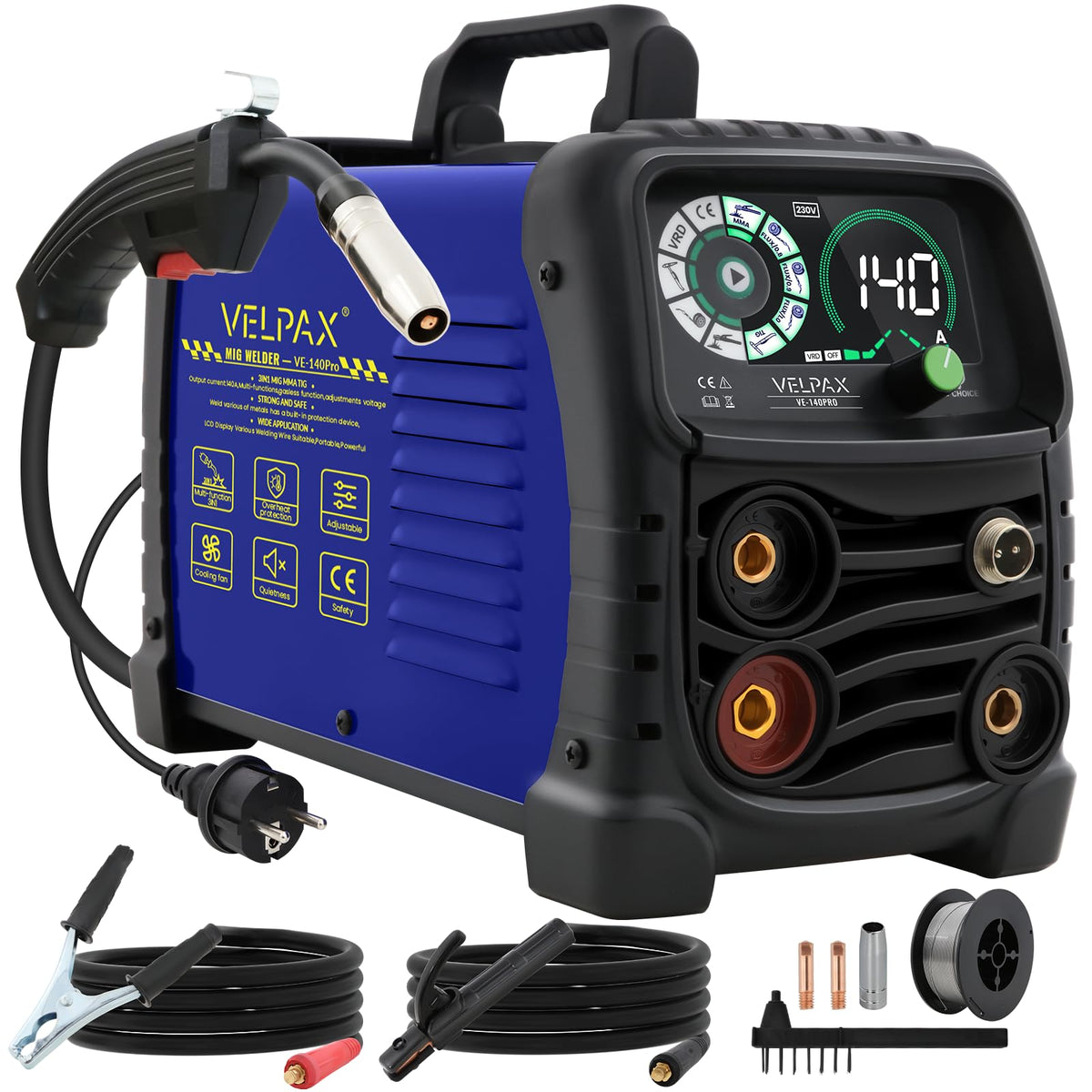 140A 230V MIG Welder Gasless, 3 in 1 Welding Machine Flux Core Welder, Portable Welder with IGBT Inverter, Smart Digital LED Dispaly and Welding Rods