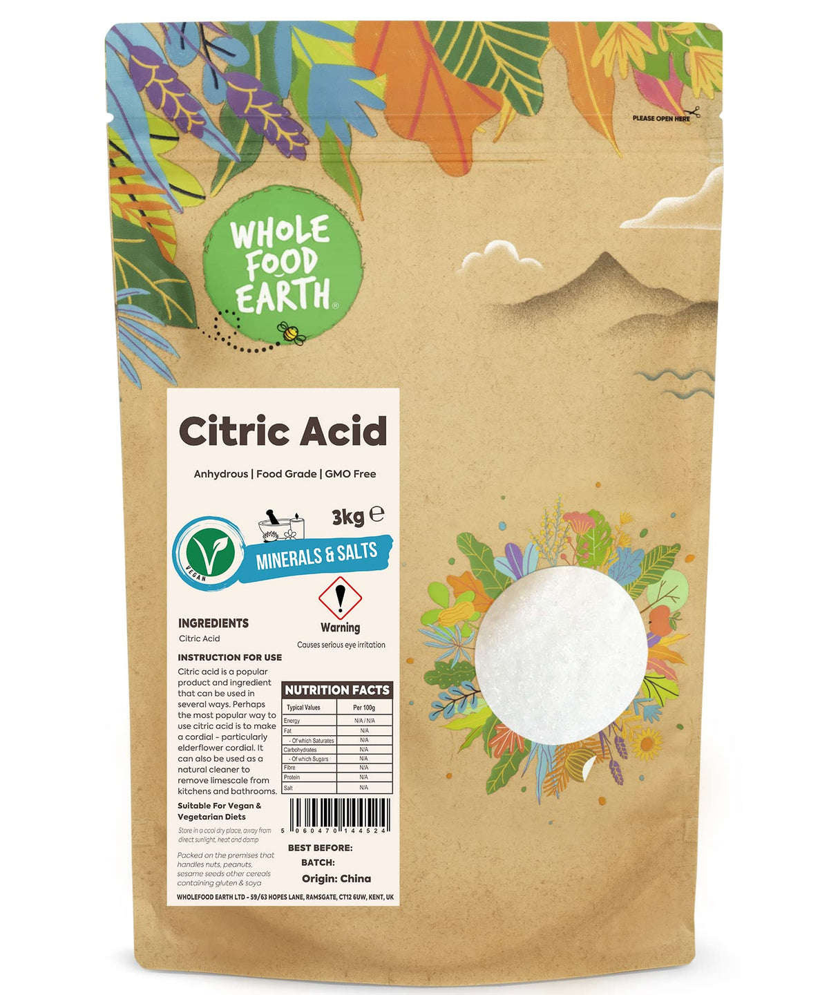 Wholefood Earth - Citric Acid 3kg - Anhydrous - Food Grade