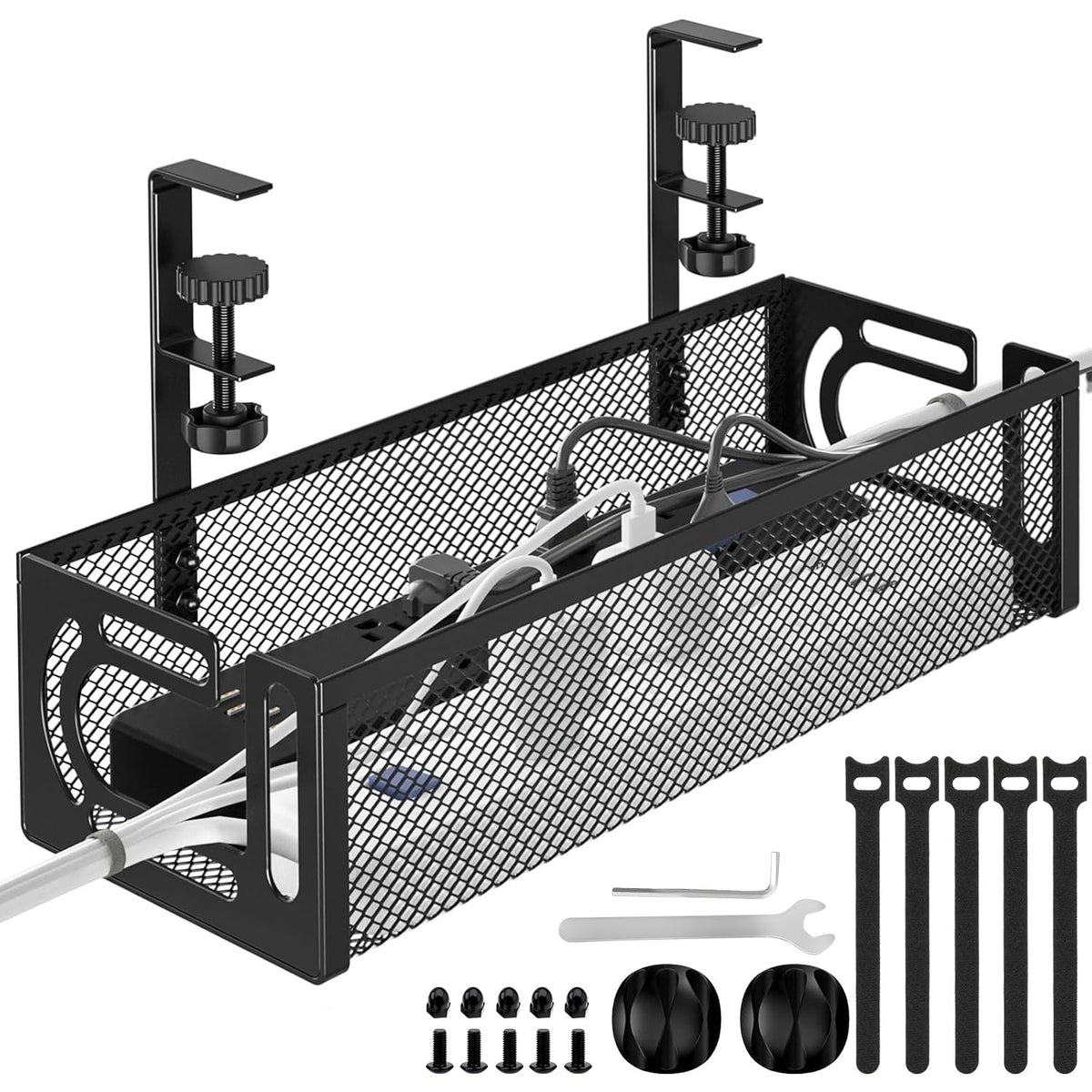 Under Desk Cable Management Tray No Drill, Metal Mesh Cable Management Under Desk with Clamp Mount, Wire Management Tray, Cord Organizer for Home