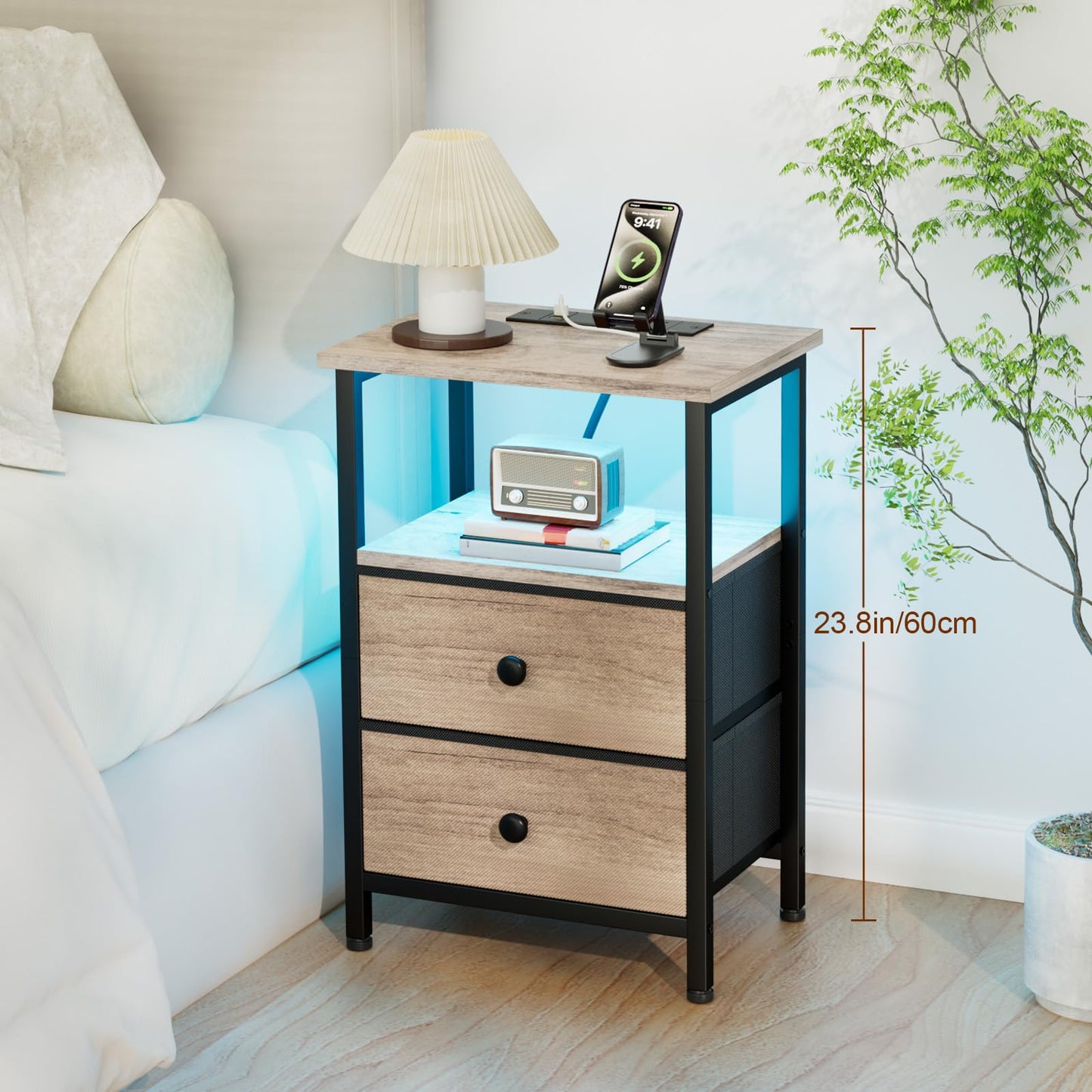 LOAKEKEL Bedside Table, Side Table with Charging Station, Bed Side Table