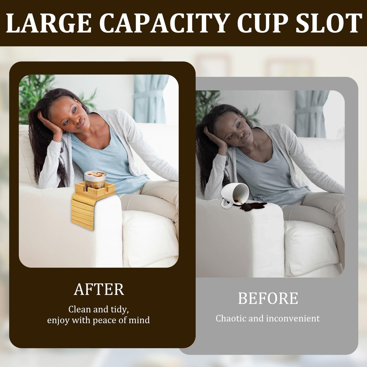 1Pack Sofa Arm Tray, Foldable Couch Cup Holder Bamboo Armrest Tray, Sofa Armrest Organiser for Drinks, Snack, and Remote