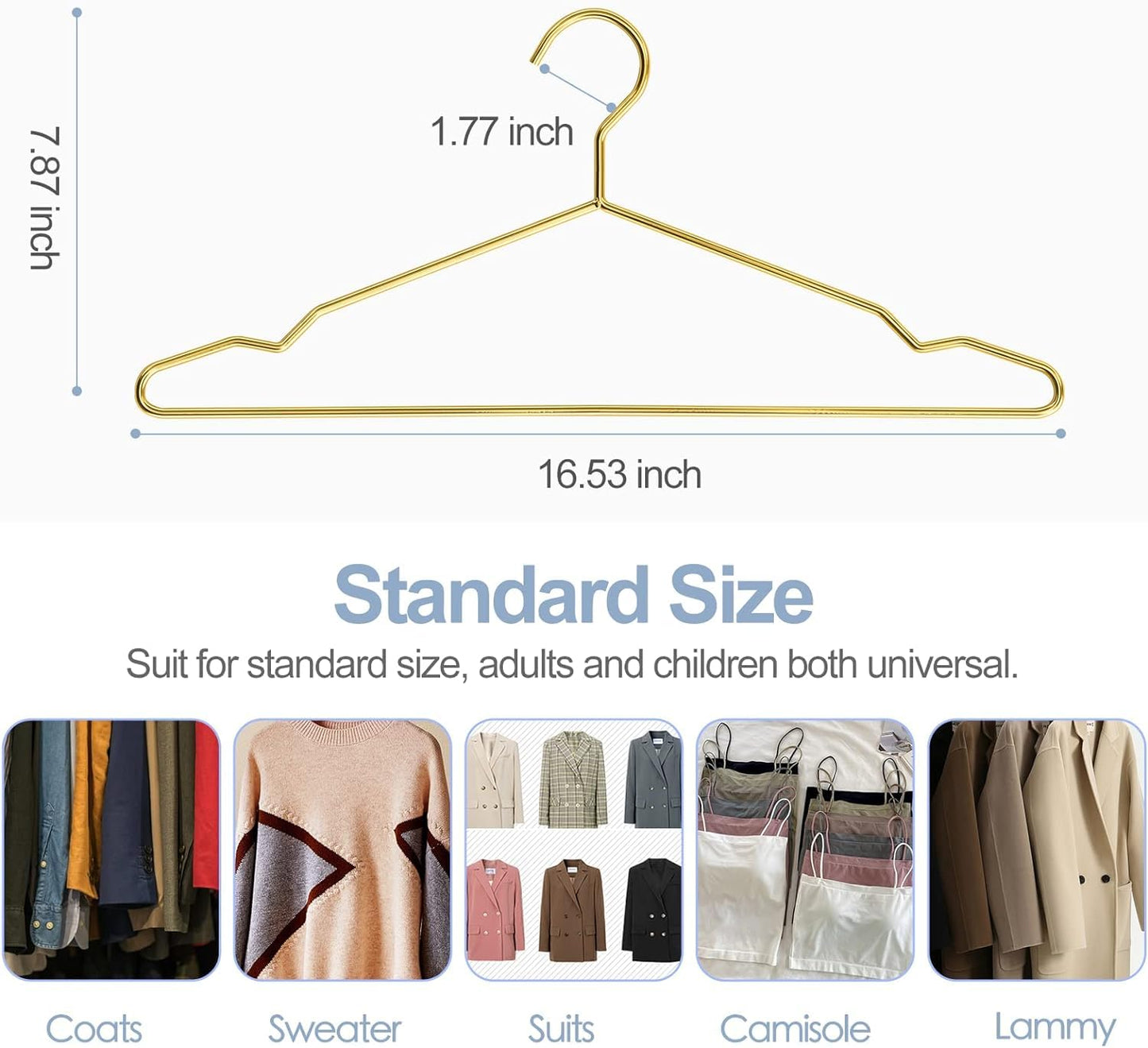 SPECILITE 42cm Gold Metal Hangers Bulk 60 Pack with Notches for Standard Size Coats, Shirts, Suits, Pants, Heavy Duty,Space Saving