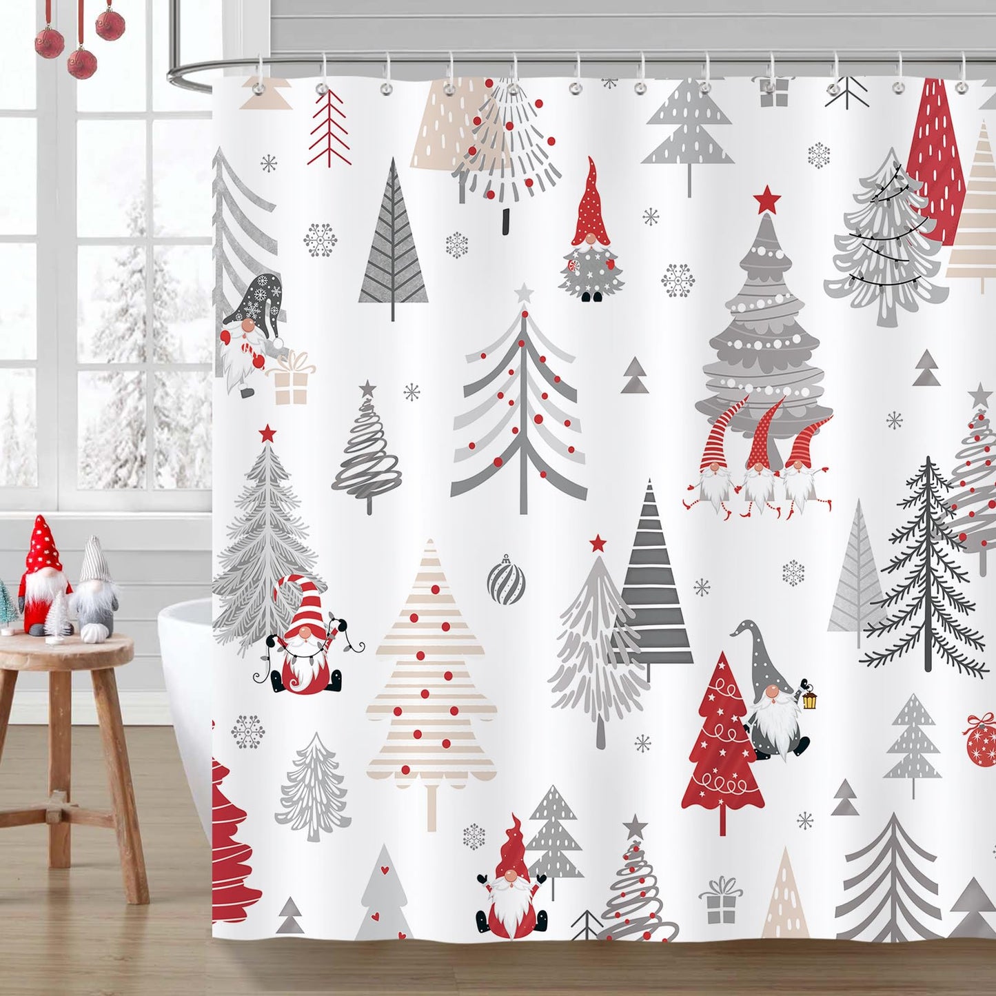 Bonhause Christmas Tree Gnome Shower Curtain, Xmas Snowflake Winter Red Bathroom Curtain 180 x 180 cm Waterproof Mildew and Mould Resistant Polyester
