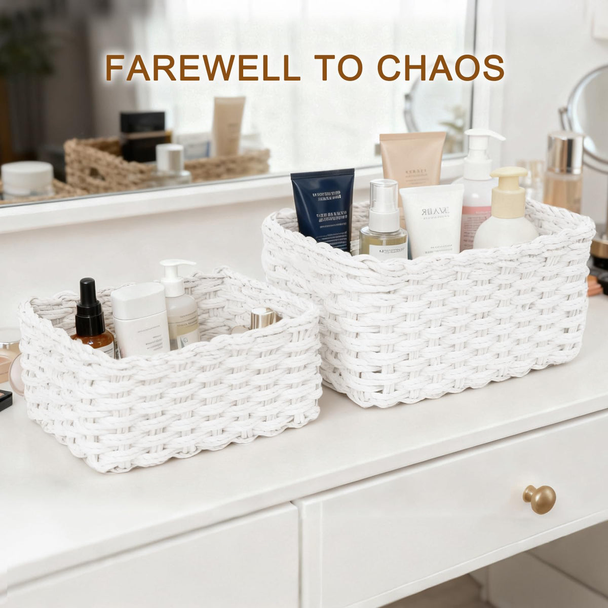 Purecas Woven Storage Baskets 4-Piece Set Stackable Paper Rope Baskets Boho Decor Organiser Box for Nursery Changing Table Living Room Kitchen