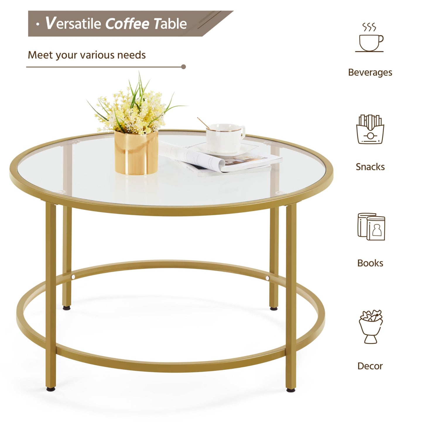 Yaheetech Round Coffee Table Tempered Glass Metal Structure Mustard Gold