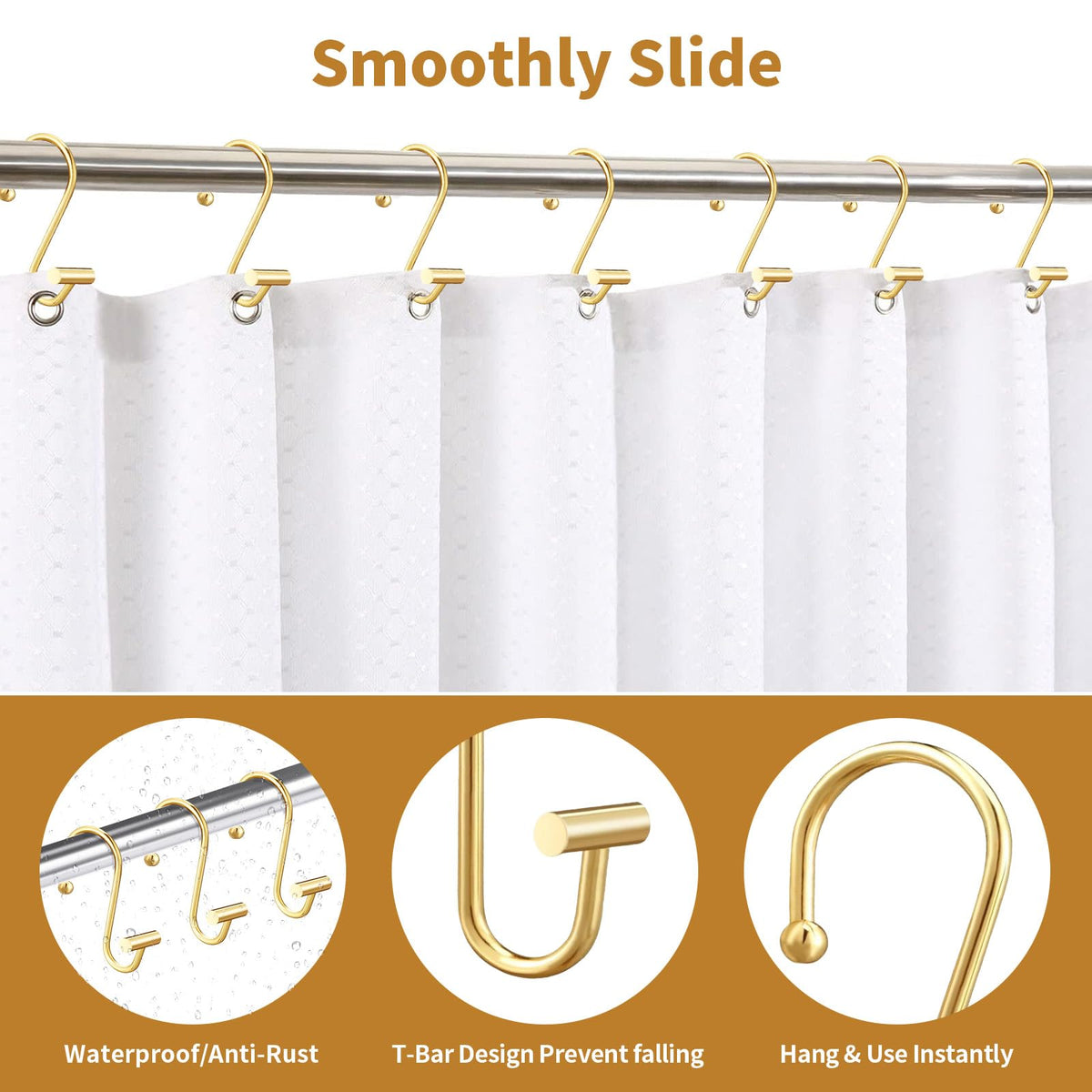 AURIVISTA 12 Pack Shower Curtain Hooks, Rust Proof T-Bar Rings, Gold