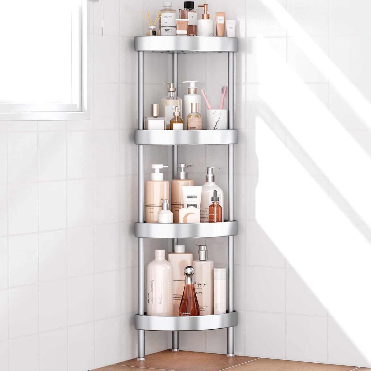 Nieifi 4-Tier Silver Anodized Aluminum Corner Shower Caddy Stand - Rust Resistant, Sturdiness - 4 Compartments, 15 lbs Max Weight - Free Standing
