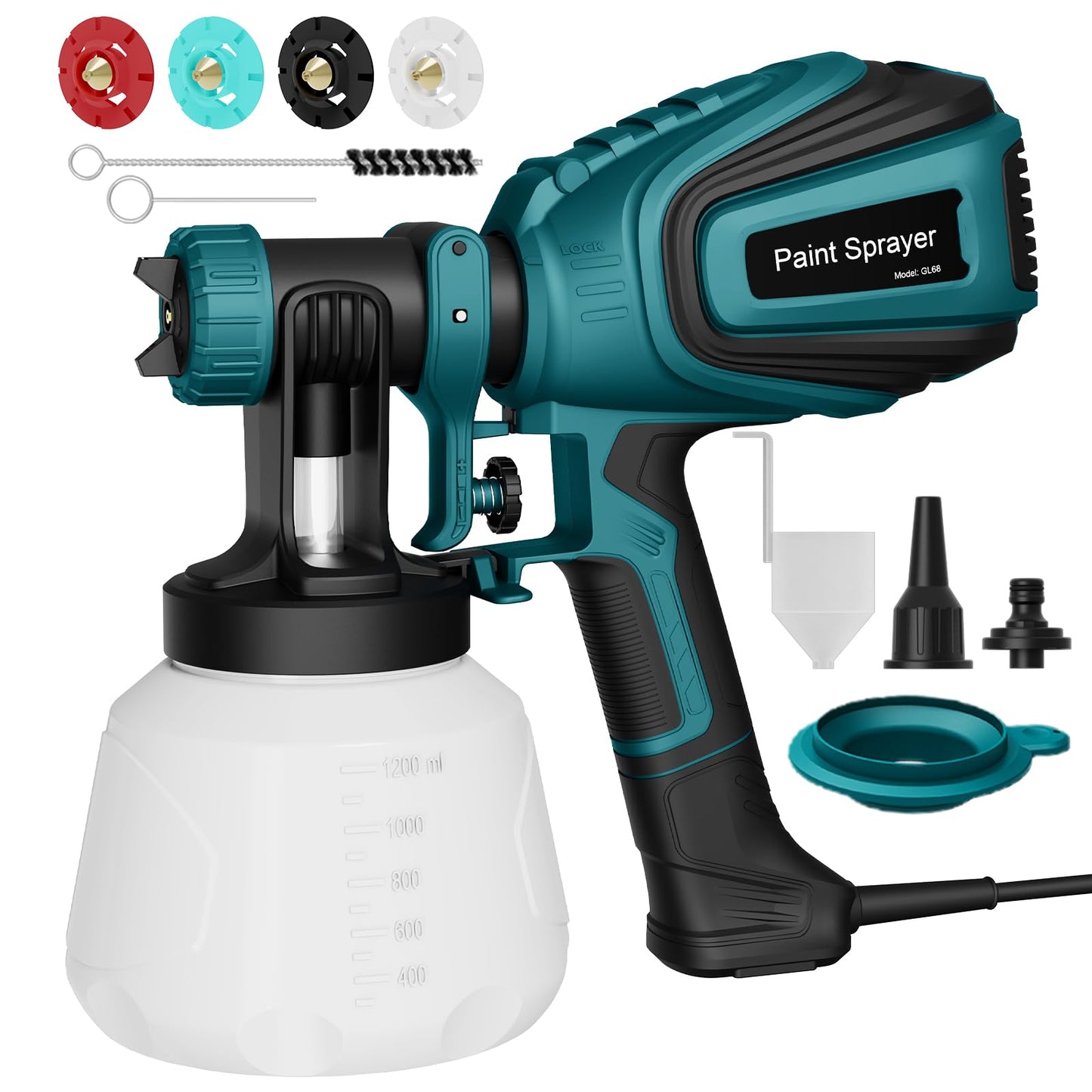 Paint Sprayer, 700W HVLP Electric Spray Gun, 1200ML Container, 1000 Ml/Min with Cleaning & Blowing Joints, 4 Nozzles & 3 Patterns, Adjustable Flow,