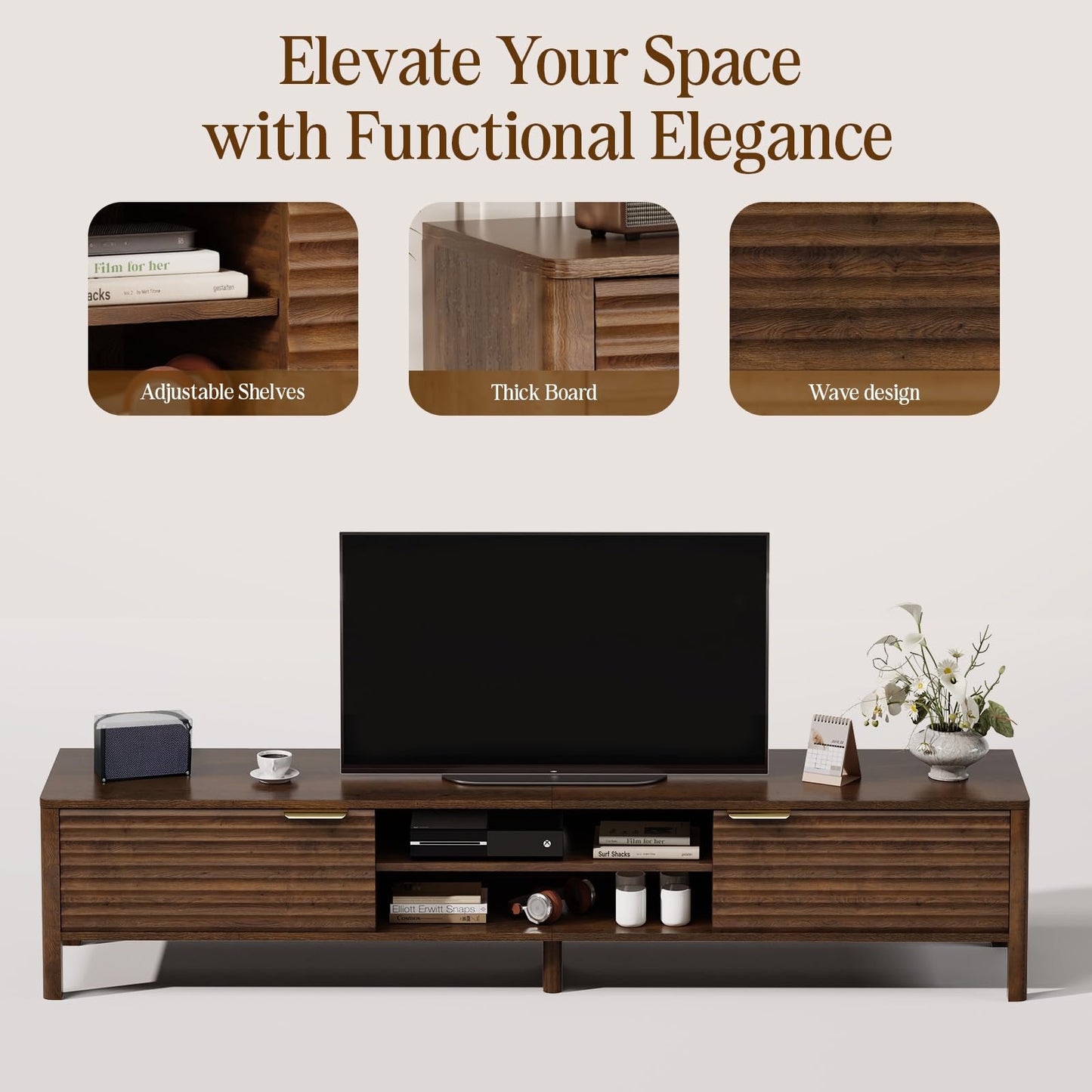 IKALIFE Wooden TV Unit, 200cm Long TV Stand Cabinet with Storage, Walnut