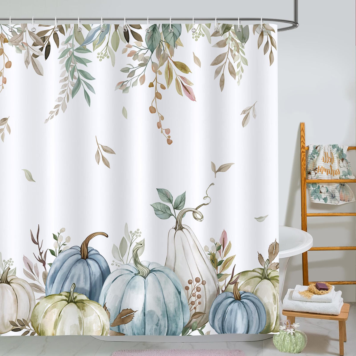 Bonhause Autumn Pumpkin Shower Curtain Fall Leaves Harvest Thanksgiving Bathroom Curtain 180 x 180 cm Waterproof Mould Proof Resistant Polyester