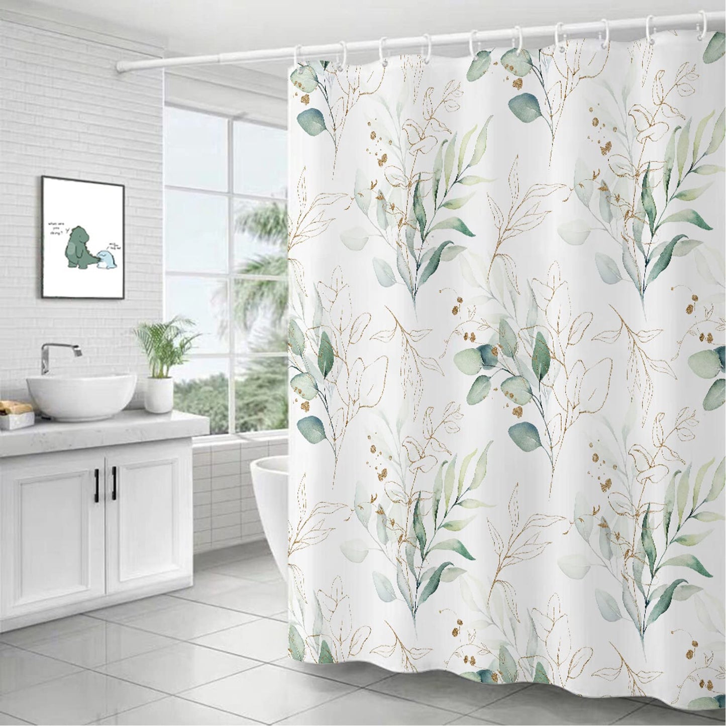 BANLMEYD Shower Curtain Mould Proof Resistant Waterproof Green Leaf Bathroom Curtains with 12 hooks Quick-Drying Weighted 180x180cm (71x71Inch)
