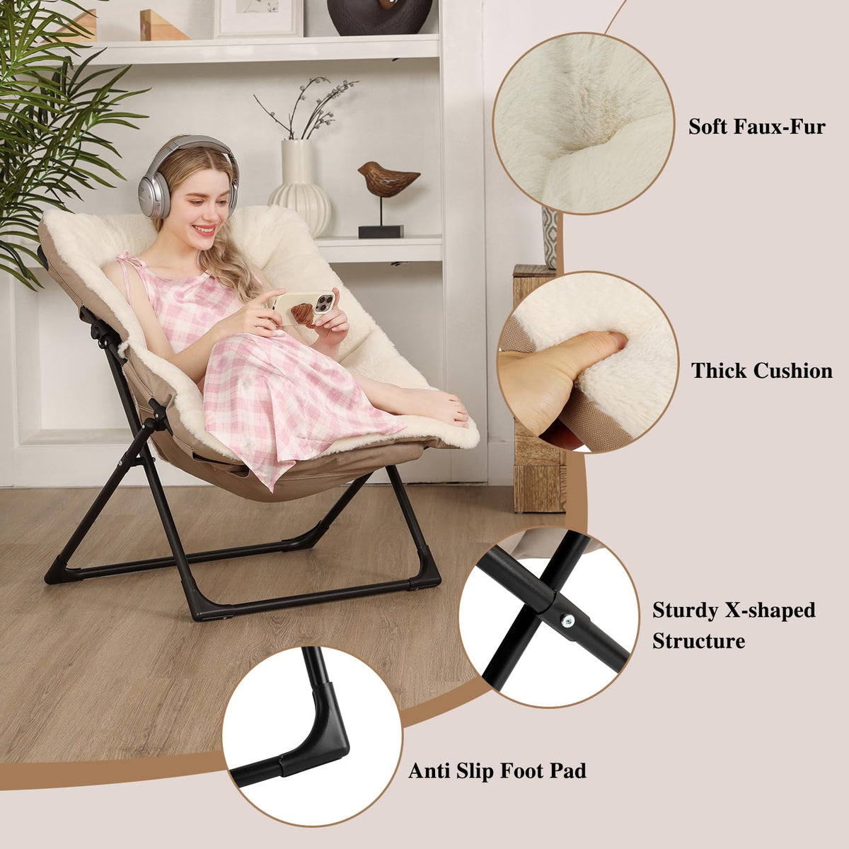 Mordchil EU Armchair Saucer Chair, Comfy Faux-Fur Reading Chair for Bedroom, Oversized Accent Moon Chairs for Teens and Adults