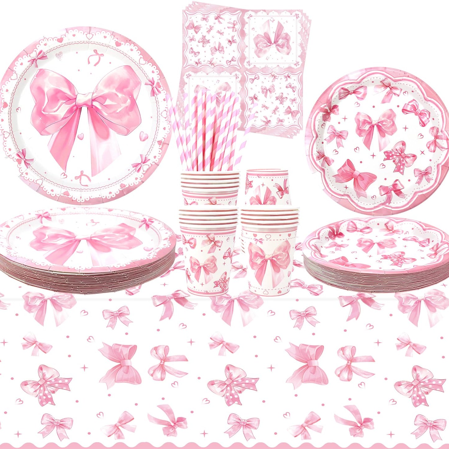 Pink Bow Party Decorations - Bow Party Tableware - Dinner Plates Desserts Plates Cups Napkins Tablecover Straws for Coquette Girl Birthday Party