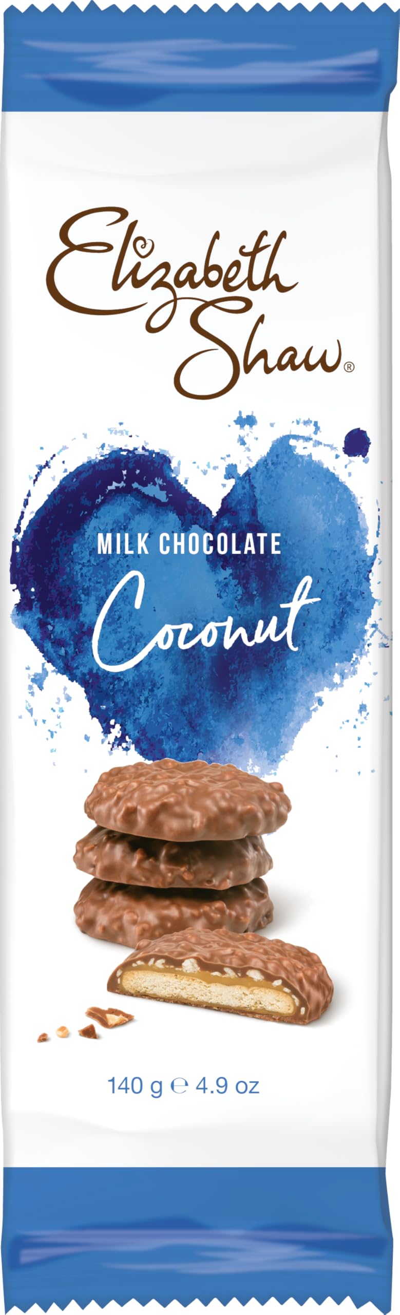 Elizabeth Shaw Coconut Milk Chocolate Crisp Biscuits Case Pack (10 x 140g) Crisp Biscuit covered in Coconut, Hazelnuts and Chewy Caramel - Luxury -