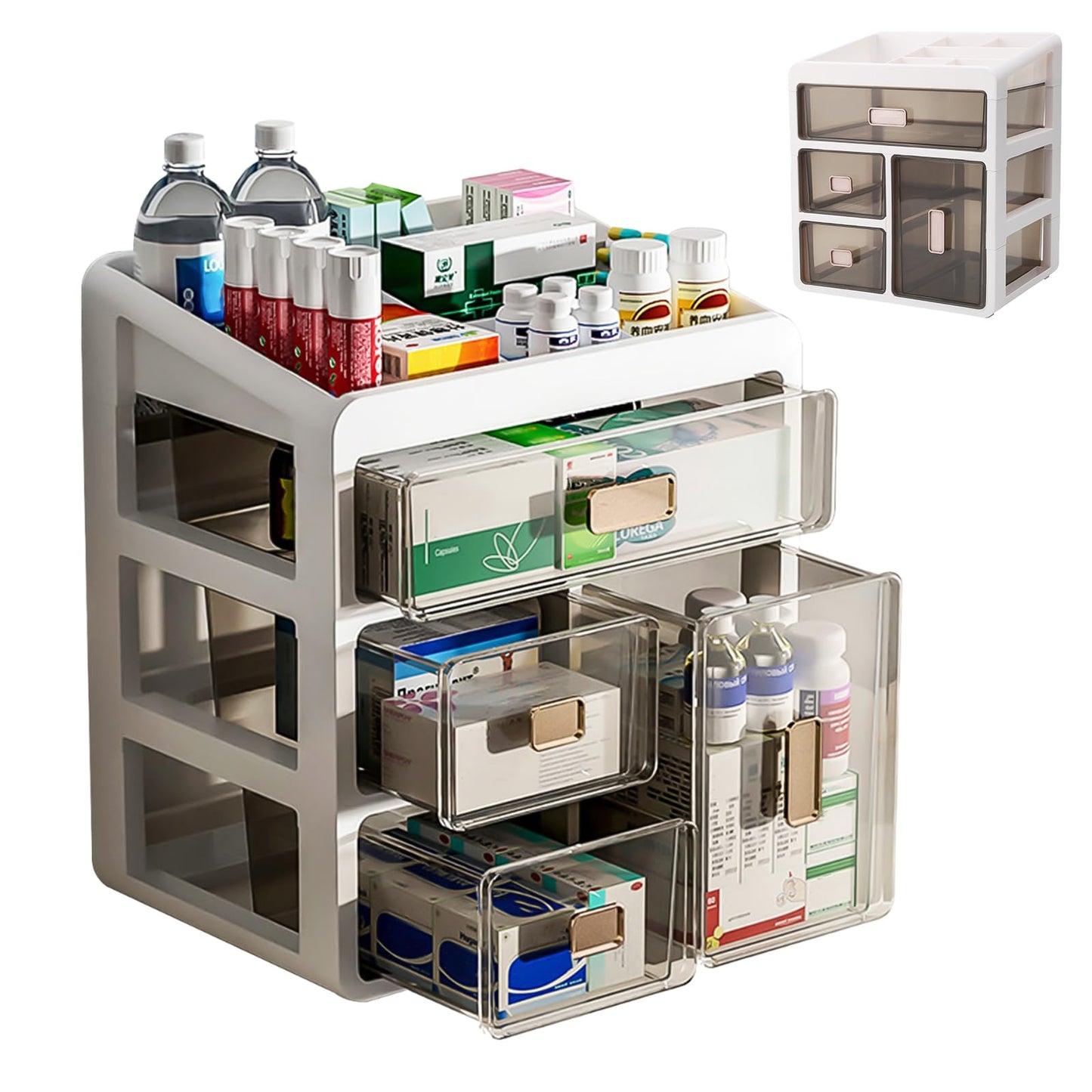 Medicine Storage Box, 4 Clear Drawers Medicine Boxes First Aid Boxes, Plastic Medication Storage Box Medical Organiser for Home Office Dorm School,