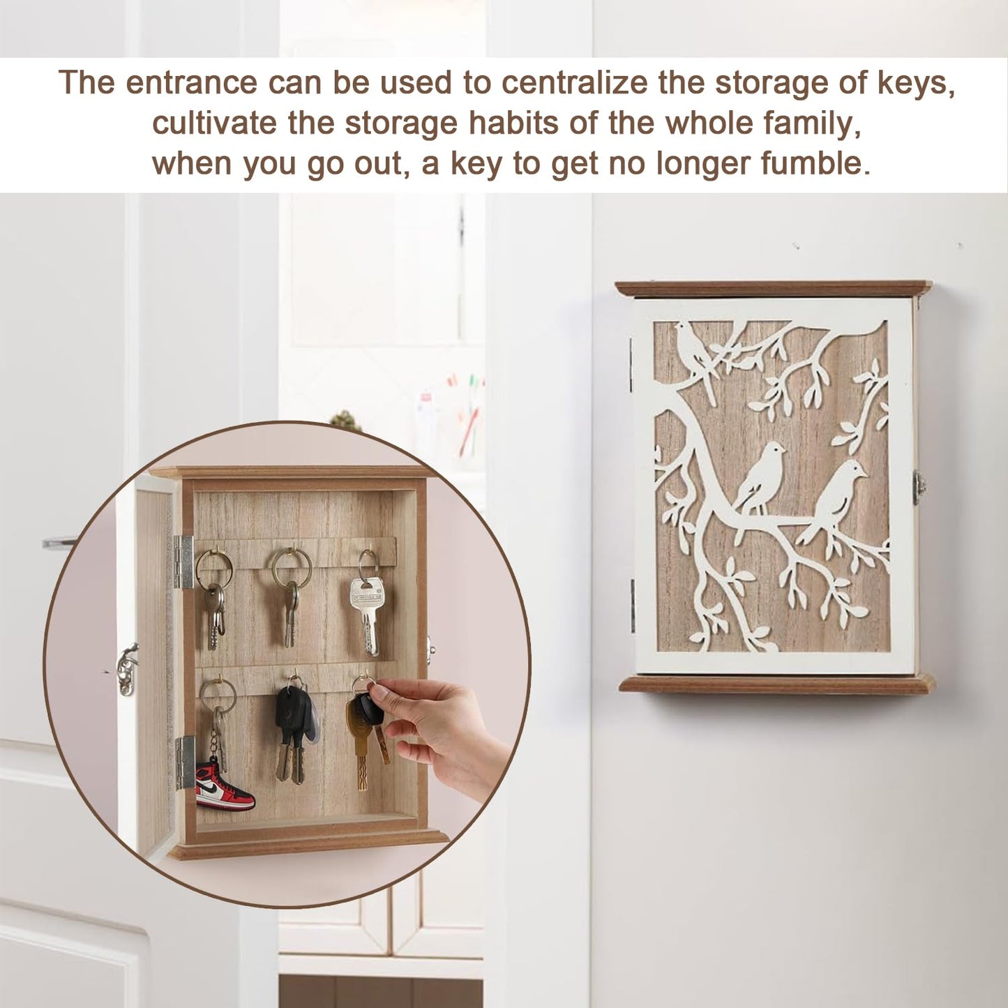 FDDU Geometric Cavity Picture Key Cabinet, Wooden Key Box, Key Cabinet Wood, with 6 Key Hooks, Scandinavian Style, for Storing Keys and Small Items