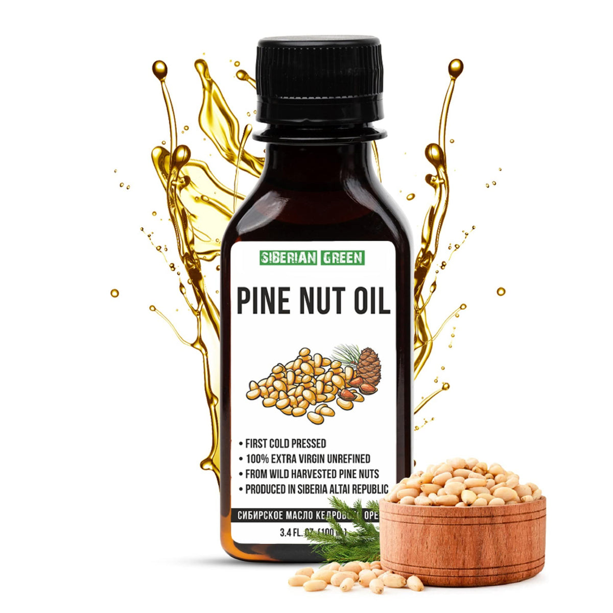 Siberian Pine Nut Oil 3.4 fl.oz/ 100ml Raw Unrefined Extra Virgin First Cold Pressed from Wild-harvested Pine Nuts