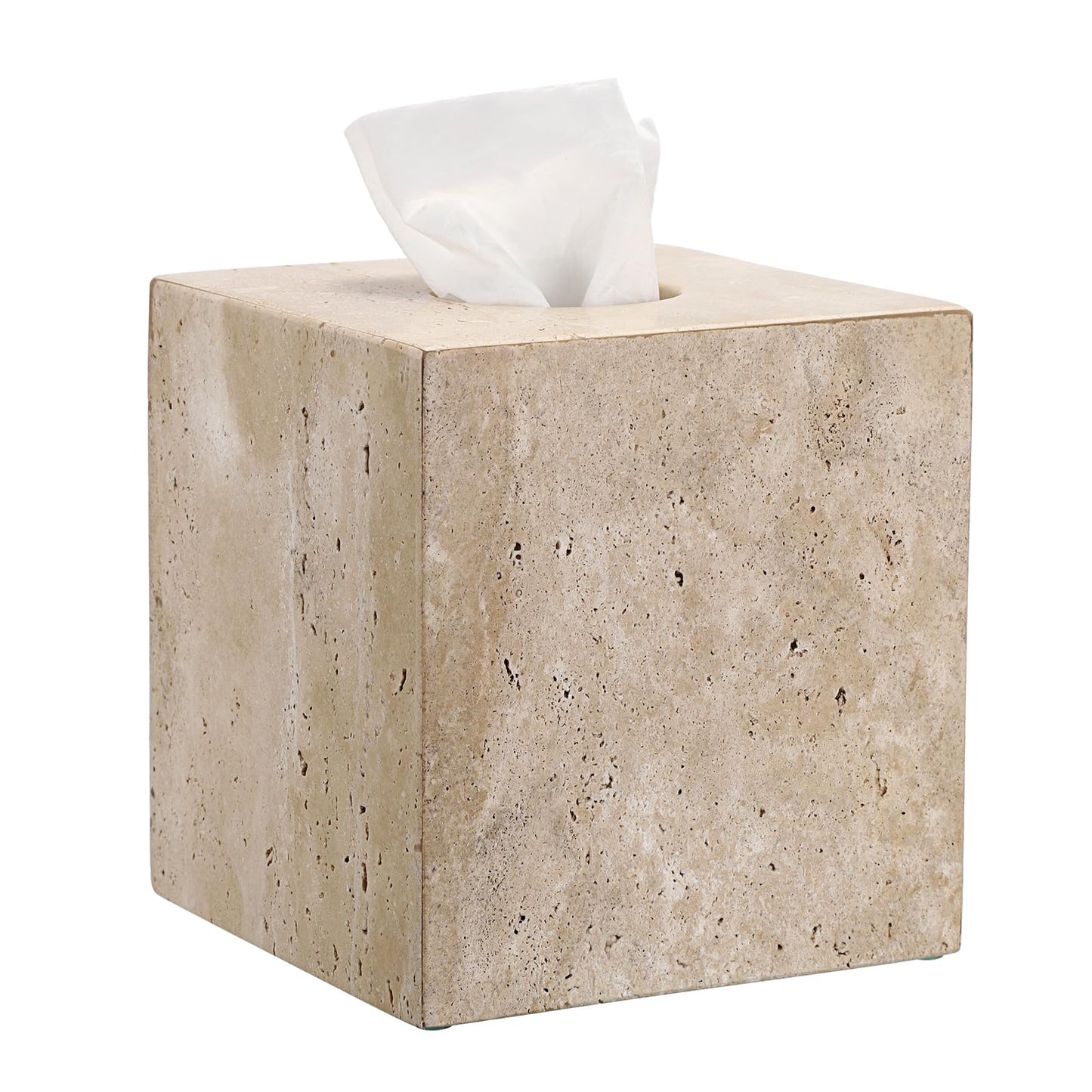 TOLIDA Square Travertine Tissue Box Cover - Cube Tissue Box Holder, Tabletop Tissue paper cover dispenser, Beige Tissue Holder Organizer for Home