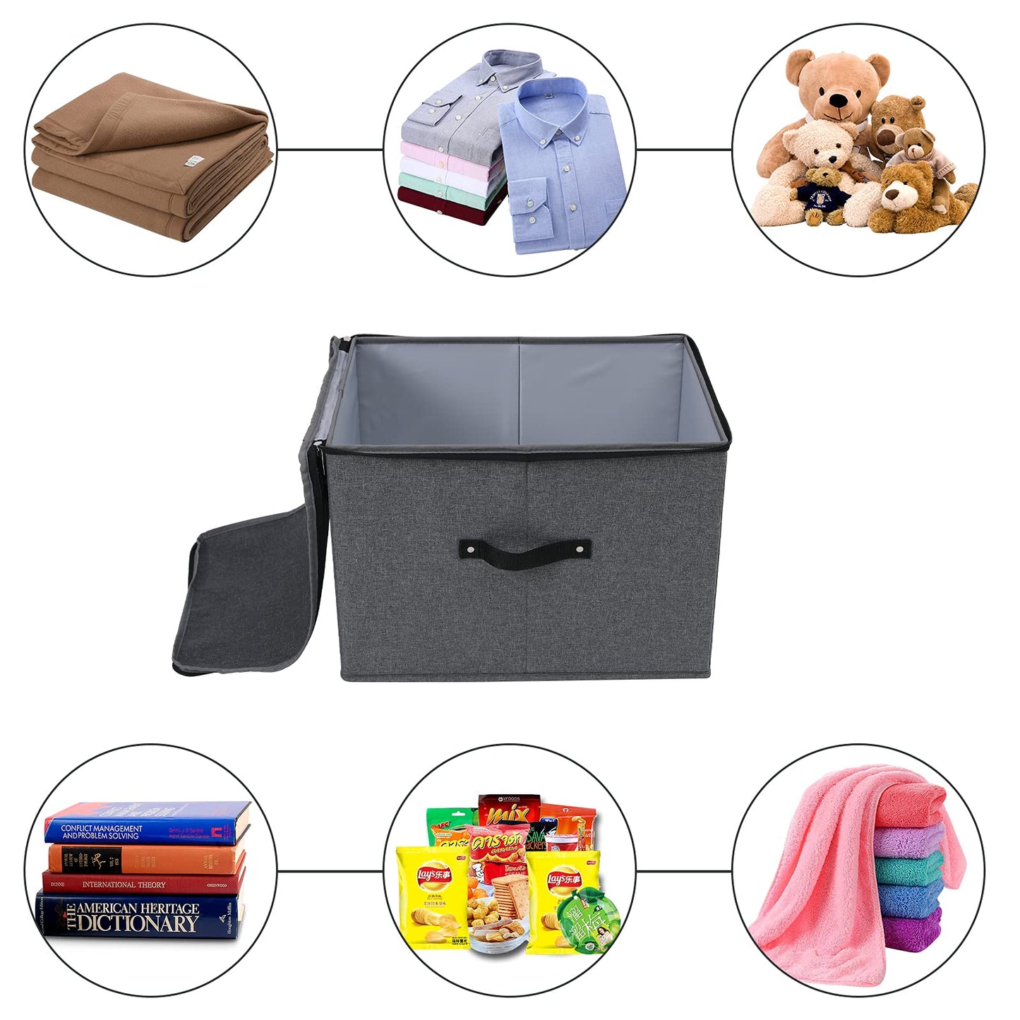 Foldable Fabric Storage Box with Zipper lid, handle, Blankets Clothes Quilts Storage Basket Organizer for Bedroom Closet Shelf, 44×33×31cm, Black Grey