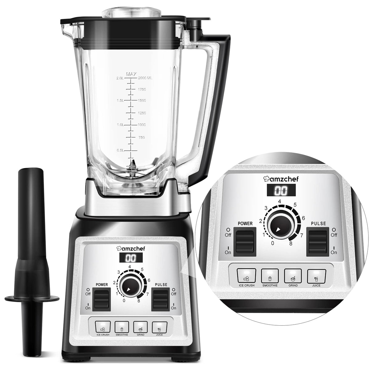 AMZCHEF Blender Smoothie Maker - 2000W Commercial Blender with 2L BPA Free Container - 25000RPM High Speed blender with 8 Speeds Control for kitchen -