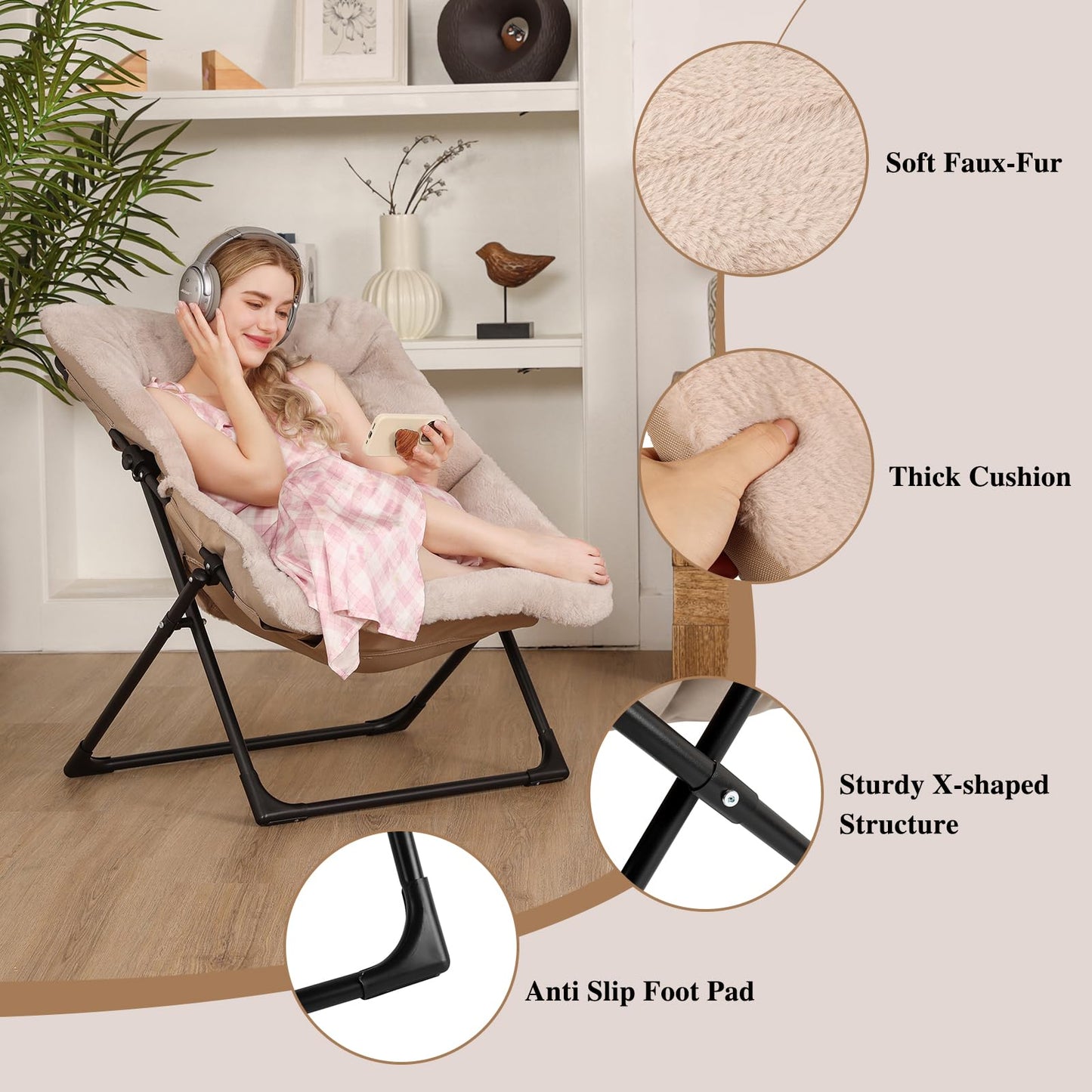 Mordchil EU Armchair Saucer Chair, Comfy Faux-Fur Reading Chair for Bedroom, Oversized Accent Moon Chairs for Teens and Adults
