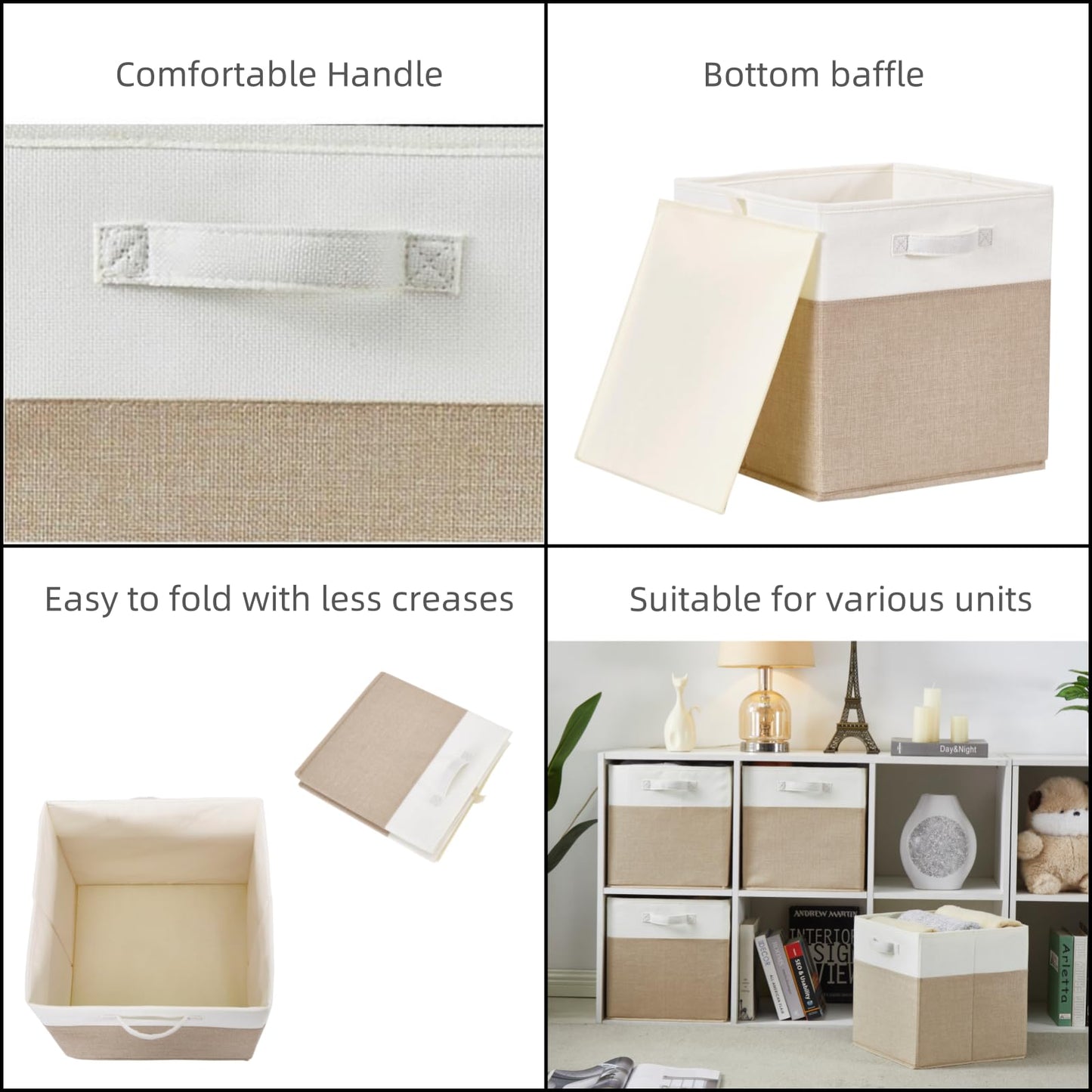 SOCOHOME Fabric Cube Storage Boxes,25x25x25cm Foldable Storage Baskets for Toys Clothes Shelf Nursery Closet(Light Khaki/Creamy White, Set of 4)