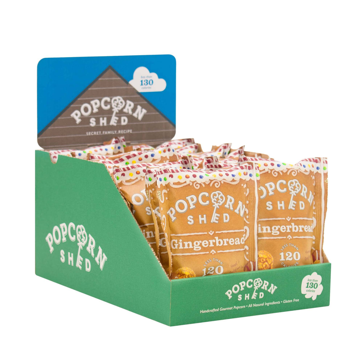 Popcorn Shed Gingerbread Popcorn Snack Pack, 24g, Pack of 16, Gingerbread Caramel Popcorn, Gluten Free, Natural & Vegan Lunch Box & Movie Night