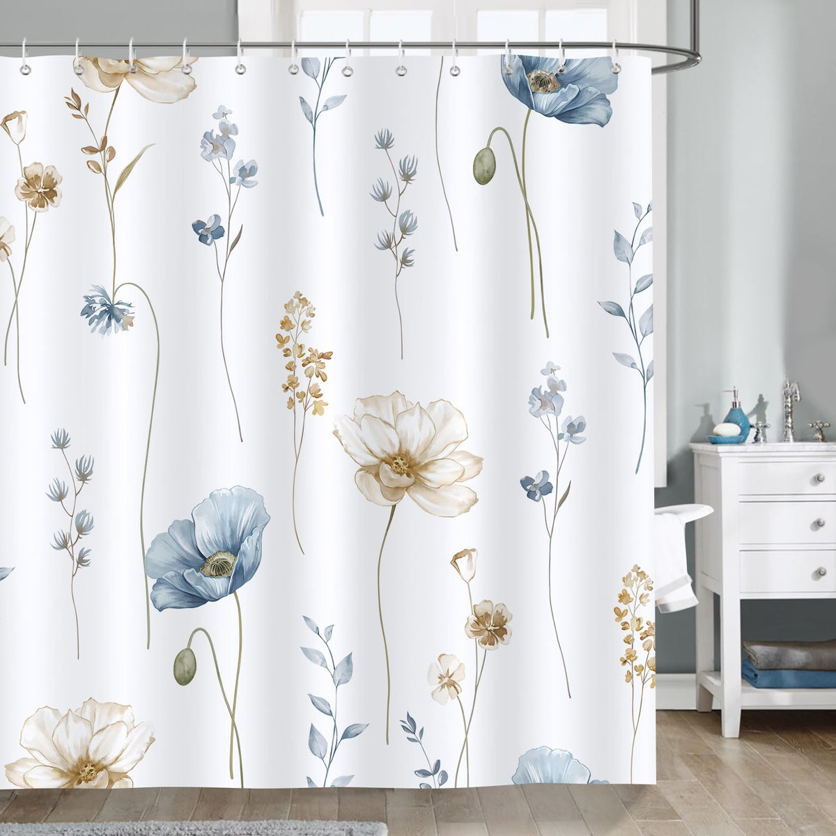 Bonhause Watercolor Floral Shower Curtain Blue Beige Flowers Leaves Bathroom Curtain 180 x 180 cm Waterproof Mildew & Mould Resistant Polyester Fabric