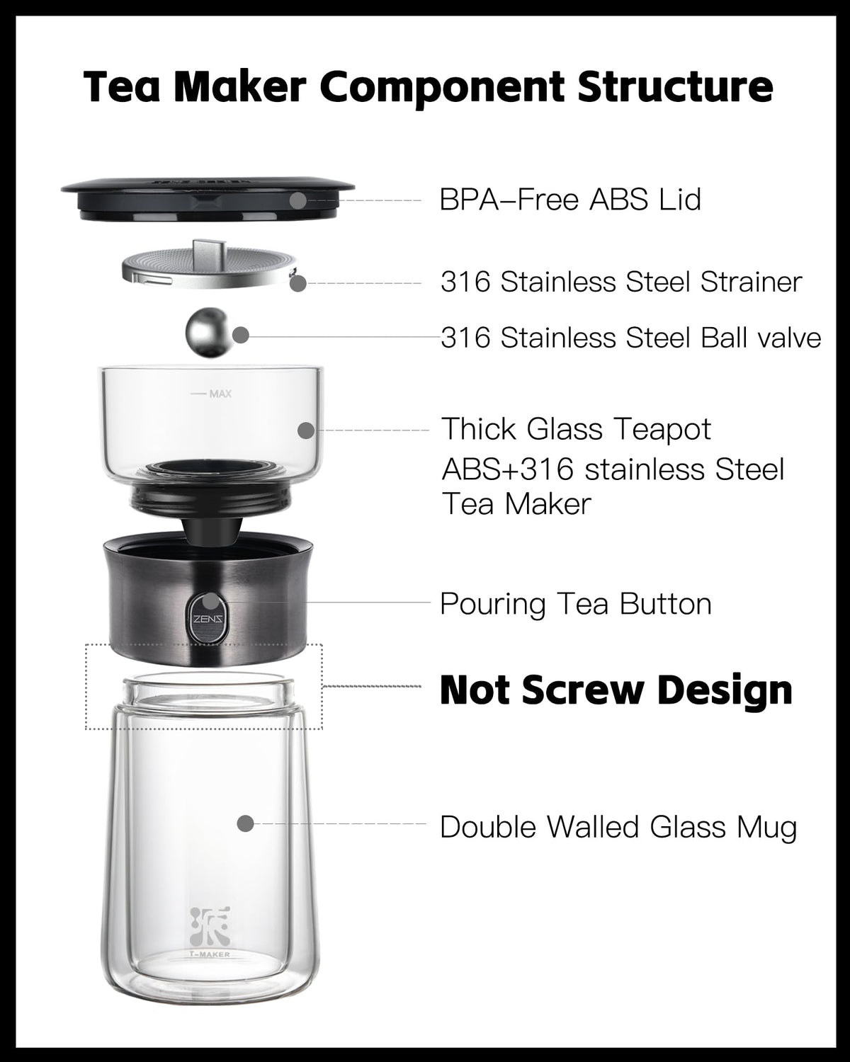 ZENS Modern Solo Tea Infuser Teapot, Smart One Touch Drip Tea Pot for Loose Tea Diffusers, Small Glass Gongfu Magic Teapot with 270ml Insulated Cup
