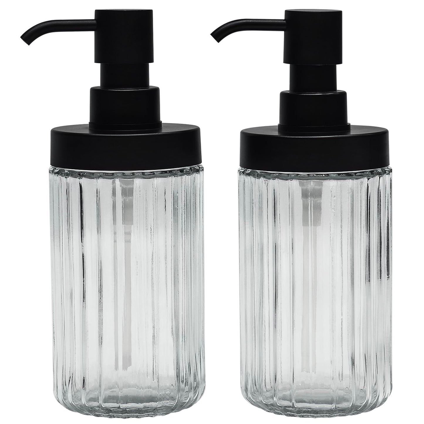 Premium Suanti 2-Pack Ribbed Glass Soap Dispenser Set for Bathroom & Kitchen Sink,Easy Refill Wide-Mouthed Soap Bottle with Matte Black Pump for