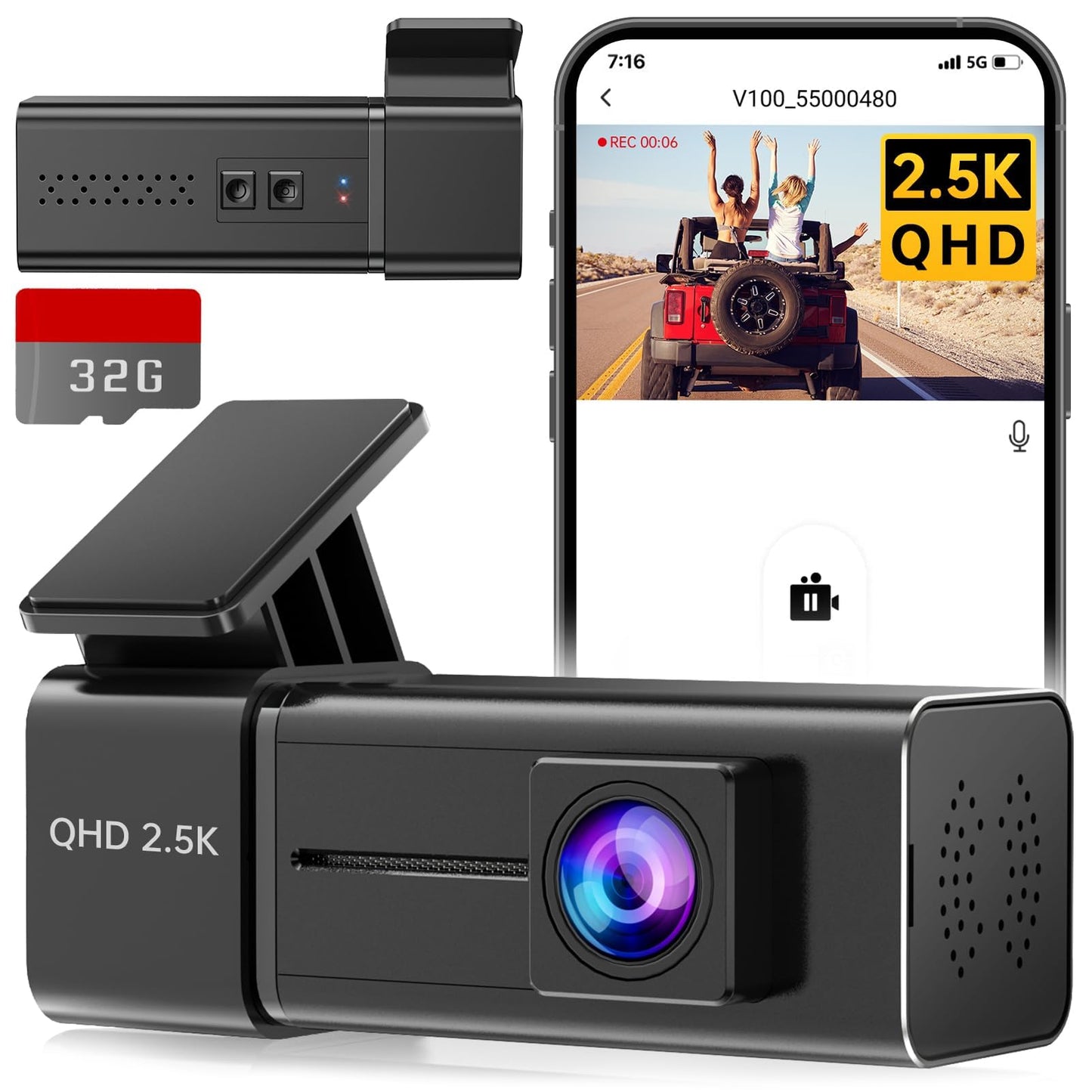 Dash Cam Front WiFi 2.5K 1440P Car Camera, Mini Dash Camera for Cars, Dashcams with App, Night Vision, 24H Parking Mode, G-Sensor, Loop Recording, 32G