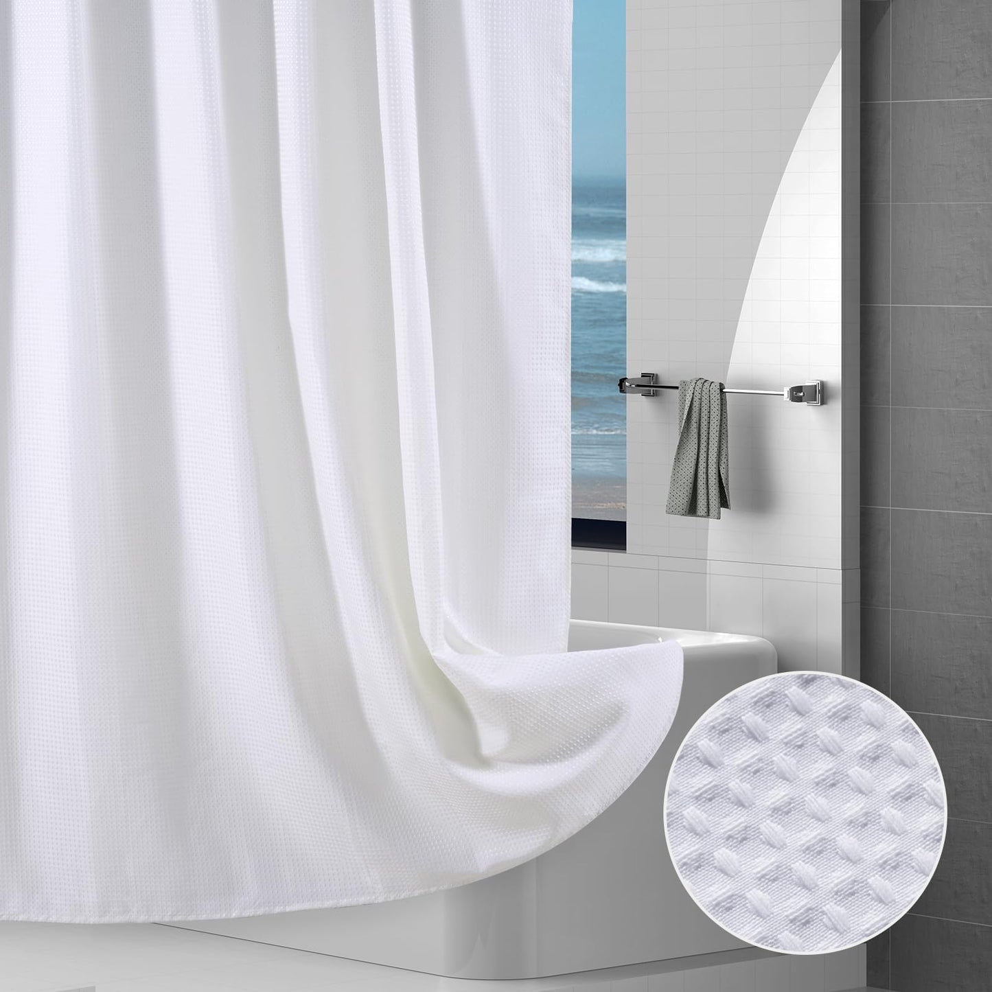 Hotel-Quality White Waffle Shower Curtain, Water Repellent Bath Curtain Prevents Water Escaping, 256GSM Thick Heavy Duty Fabric Texture Wet Room