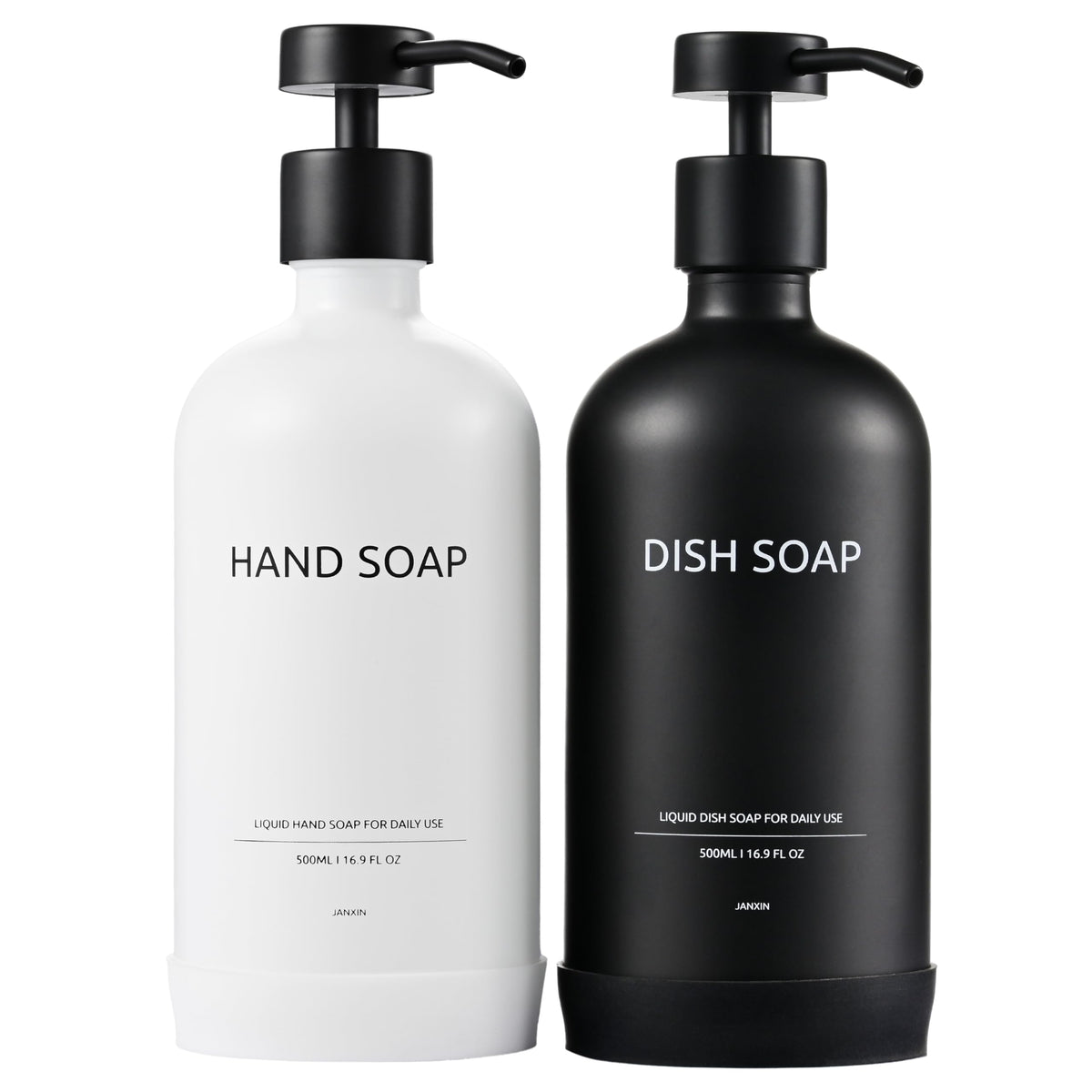 Janxin Set of 2 Glass Soap Dispenser 500 ml, Soap Dispenser Black Glass, Soap Dispenser White, and Non-Slip Silicone Protective Underlay (White and
